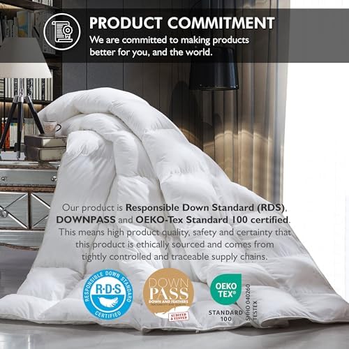 Luxurious King/California King Size Goose Down Fiber Waterfowl Feather Fiber Comforter Duvet, 100% Egyptian Cotton Cover, 58 oz. Fill Weight, Baffle Box Design, White Solid1