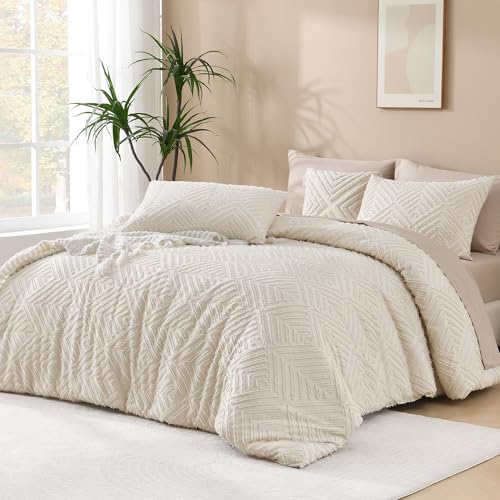 Andency King Size Comforter Set Beige, 3 Pieces Boho King Bedding Comforter Set Cream, All Season Soft Lightweight Tufted Textured Down Alternative Comforter Fluffy Bed Set
