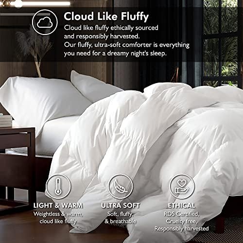 Luxurious King/California King Size Goose Down Fiber Waterfowl Feather Fiber Comforter Duvet, 100% Egyptian Cotton Cover, 58 oz. Fill Weight, Baffle Box Design, White Solid1