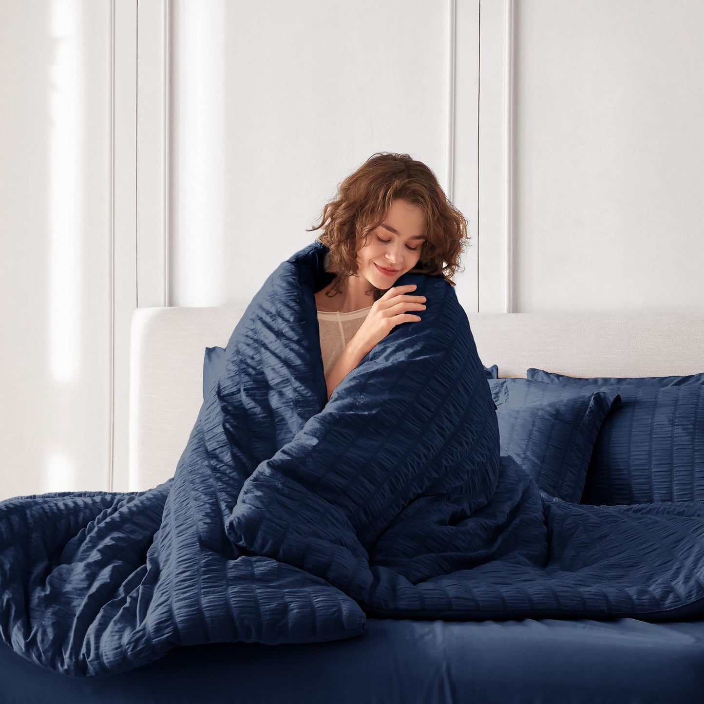 MUXHOMO 7 Pieces Queen Comforter Set, Seersucker Bed in a Bag Queen Size, All Season Luxury Bedding Set with Comforter, Flat Sheet, Fitted Sheet, Pillowcases & Shams, Navy Blue