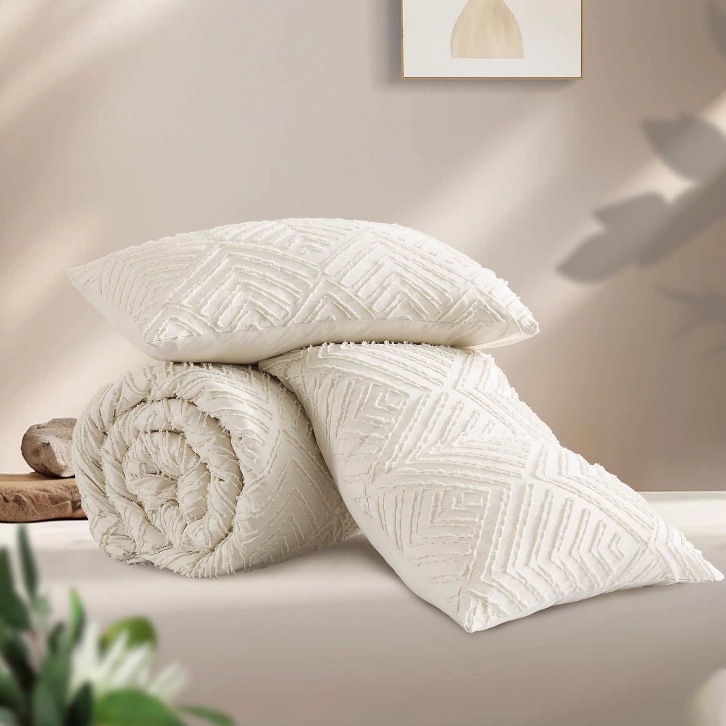 Andency King Size Comforter Set Beige, 3 Pieces Boho King Bedding Comforter Set Cream, All Season Soft Lightweight Tufted Textured Down Alternative Comforter Fluffy Bed Set