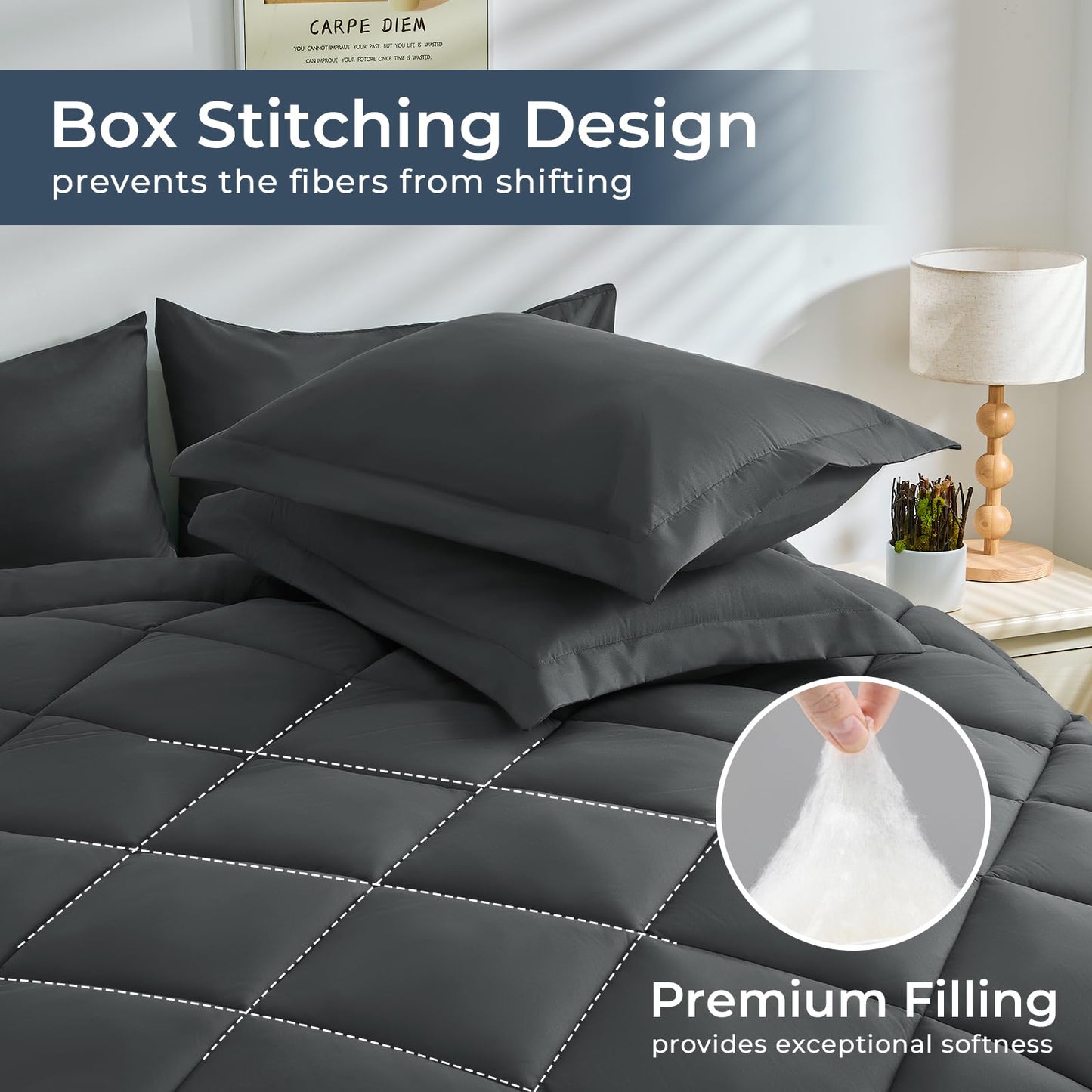 HEVUMYI 7 Pieces Queen Comforter Set, All Season Reversible Bed in a Bag Queen, Ultra Soft Queen Bedding Set with Grey Comforter, Flat Sheet, Fitted Sheet, Pillowcases, Pillow Shams, Dark Grey1