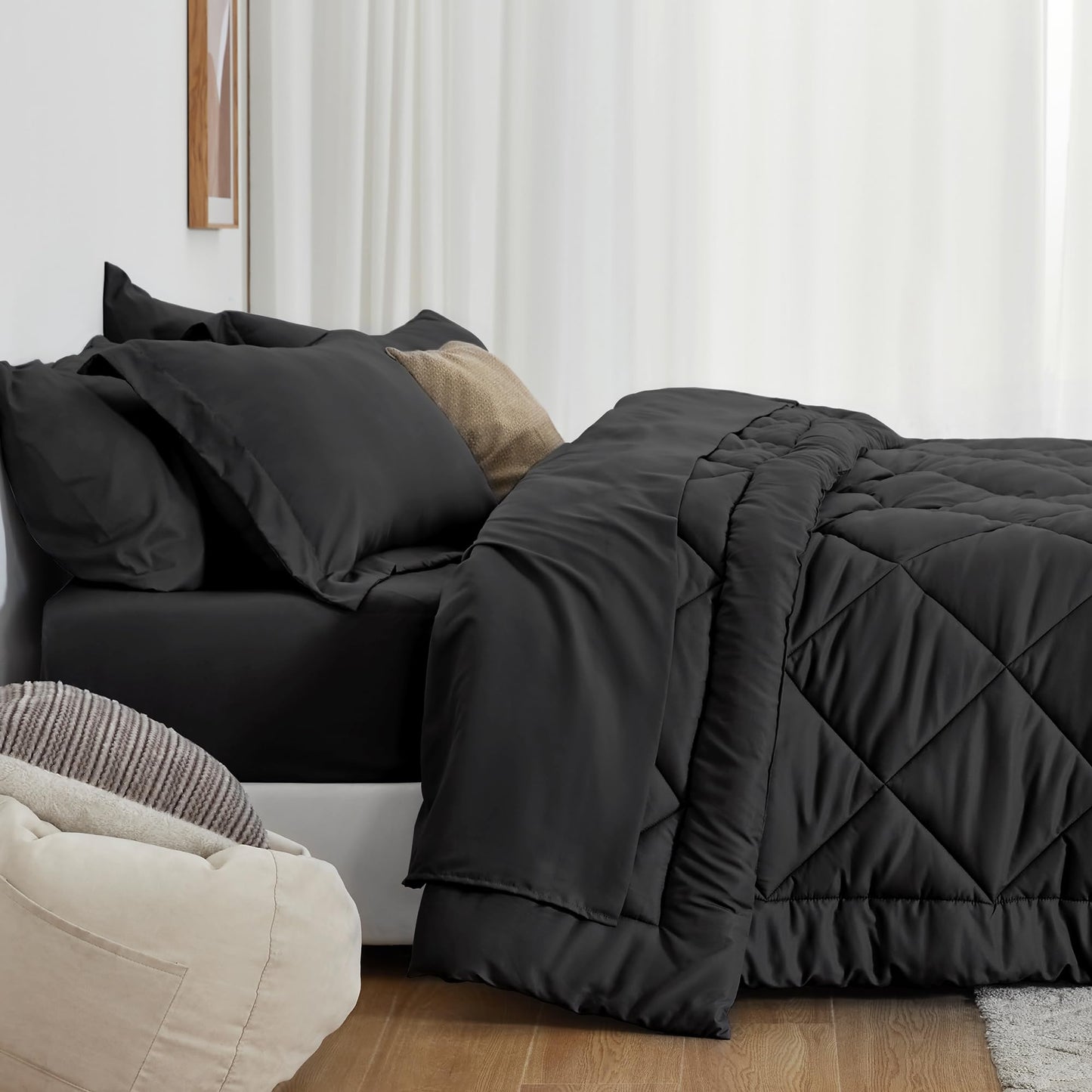 Love's cabin King Size Comforter Set Black, 7 Pieces King Bed in a Bag, All Season Bedding Sets with 1 Comforter, 1 Flat Sheet, 1 Fitted Sheet, 2 Pillowcase and 2 Pillow Sham1