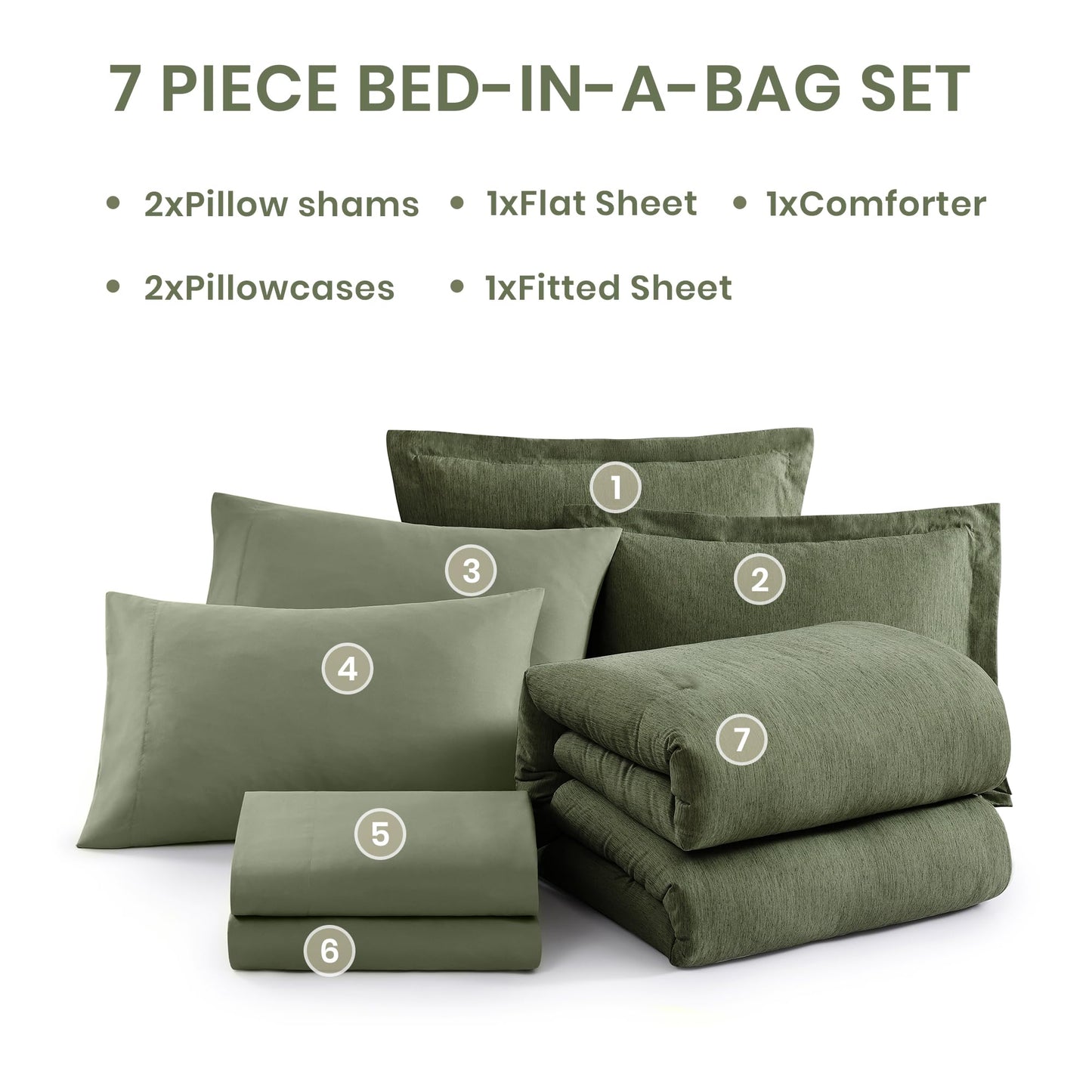 Monbix Queen Comforter Set - 7 Pieces Cationic Dyeing Olive Green Bed in a Bag Queen Bedding Sets with Comforter, Sheets, Pillowcases & Shams, Reversible Bedding Comforters Sets1