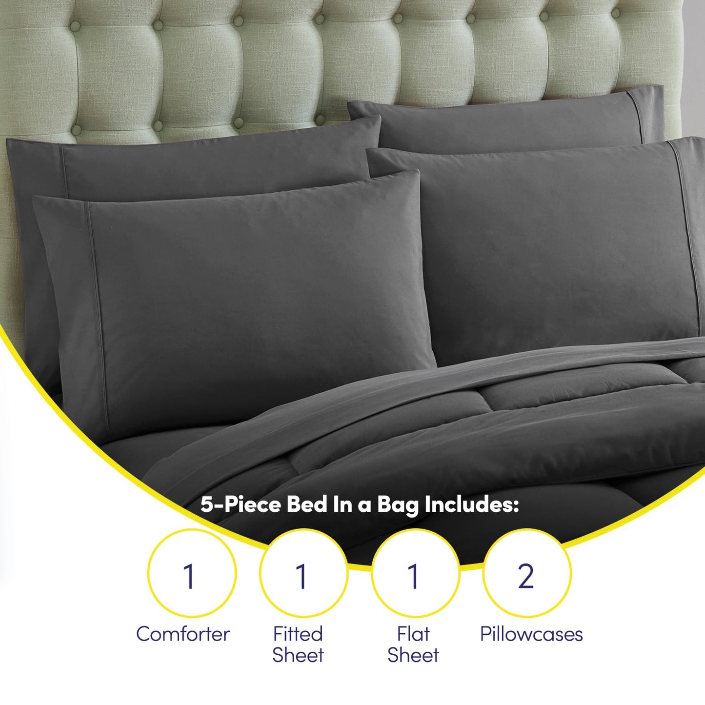 Sweet Home Collection 5 Piece Comforter Set Bag Solid Color All Season Soft Down Alternative Blanket & Luxurious Microfiber Bed Sheets, Gray, Twin1