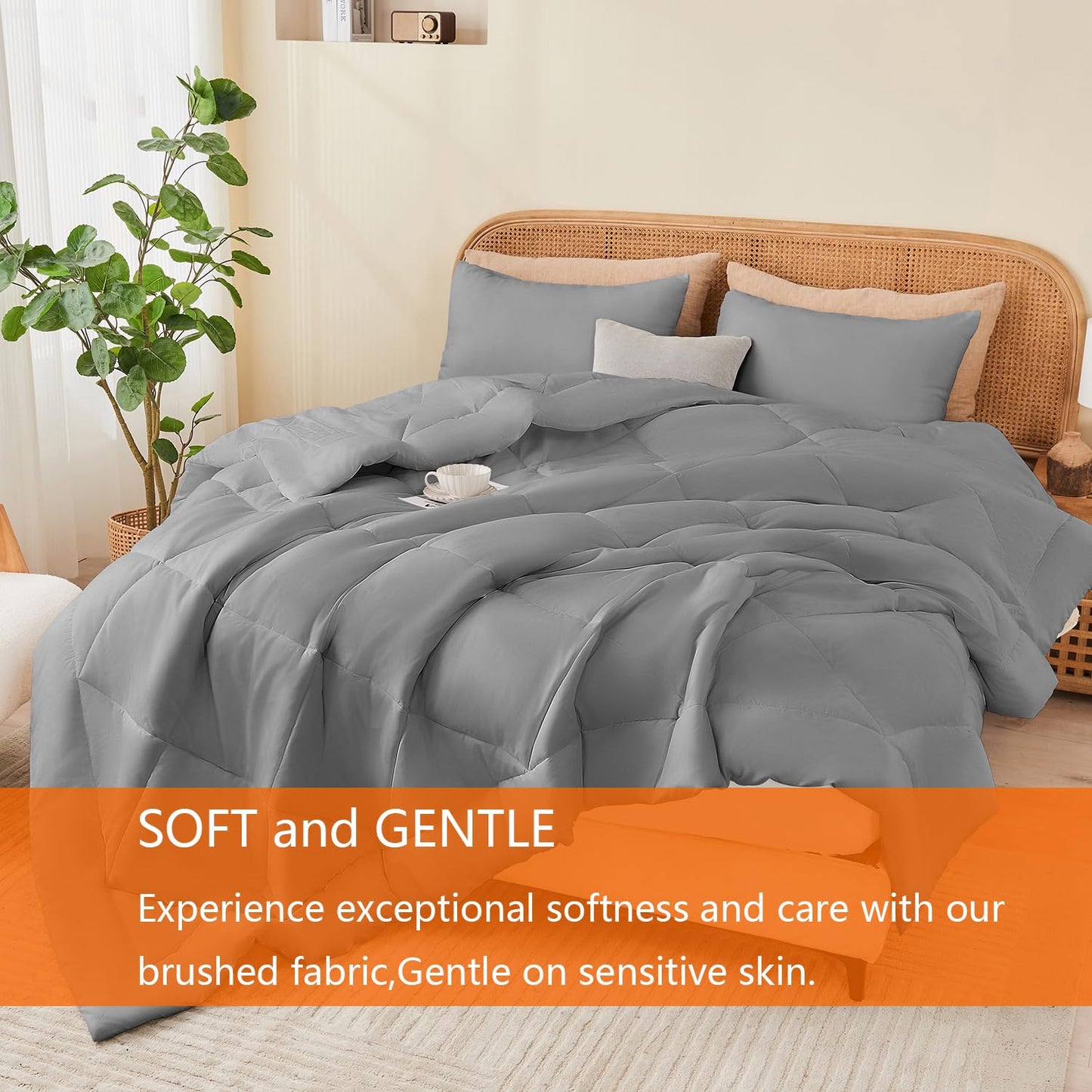 YOOHU Full Comforter Set Grey, 3 Pieces Lightweight All Season Solid Bedding Comforters Sets, Down Alternative Comforter Bed Set Quilt Blanket, (86x82In Comforter & 2 Pillowcases),Gray1