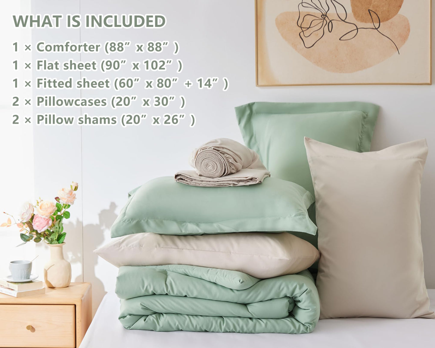CozyLux Sage Green Comforter Set Queen 7 Pieces Queen Bedding Set Contrasting Design with Comforter, Flat Sheets, Fitted Sheet, Pillowcases & Shams, Boho Bed in a Bag Queen for All Season1