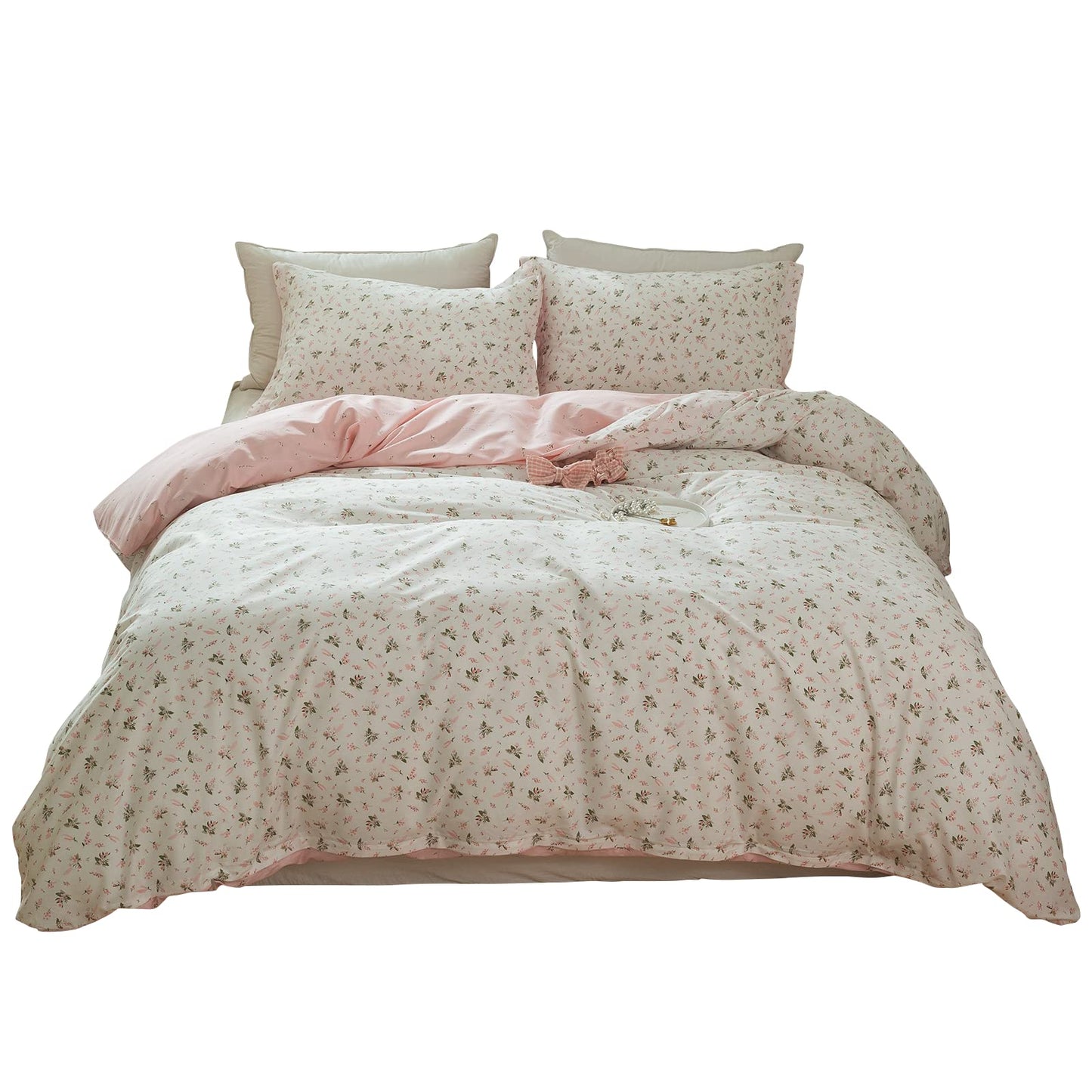 LifeTB Cotton Floral Duvet Cover Queen Girl Pink Flower Bedding Sets Garden Style Cotton Floral Comforter Cover Pink White Floral Bedding Sets Flower Branches Pattern Duvet Cover with Zipper Closure