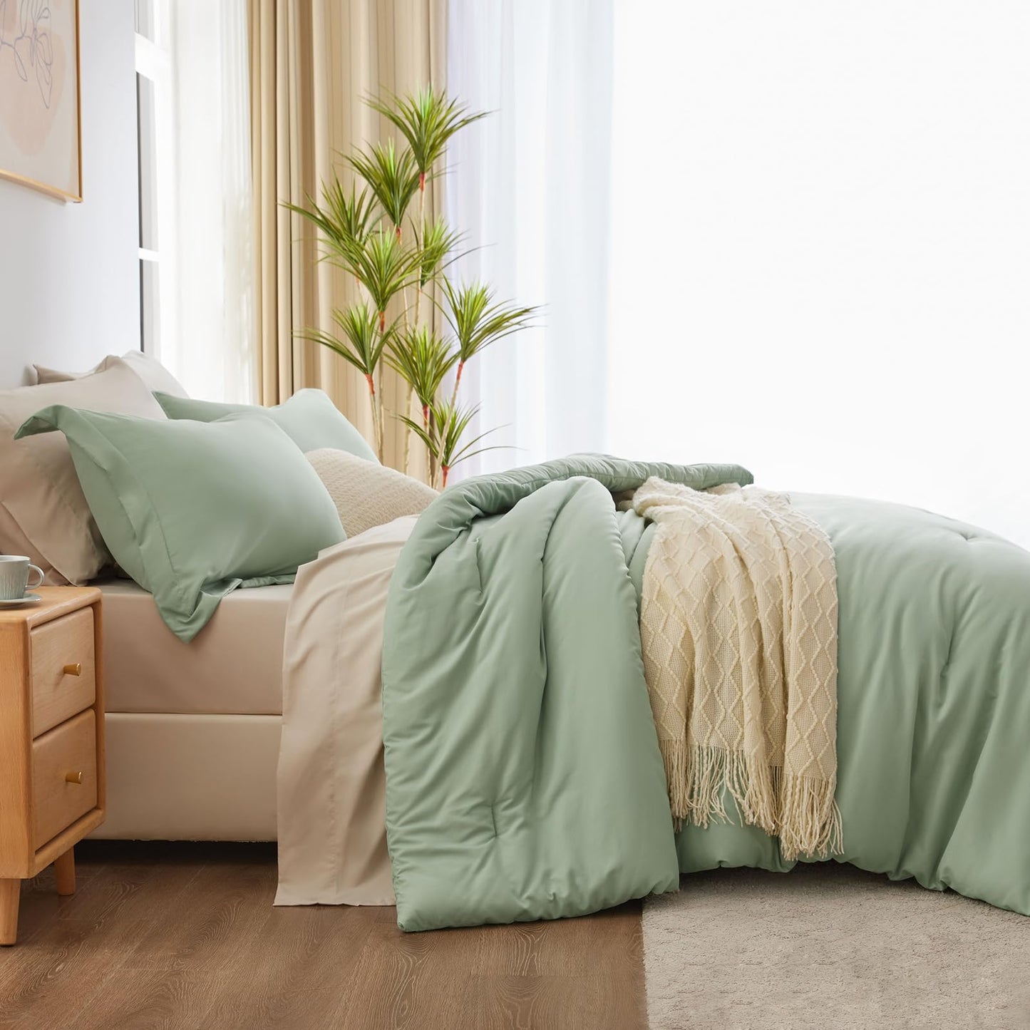 CozyLux Sage Green Comforter Set Queen 7 Pieces Queen Bedding Set Contrasting Design with Comforter, Flat Sheets, Fitted Sheet, Pillowcases & Shams, Boho Bed in a Bag Queen for All Season1