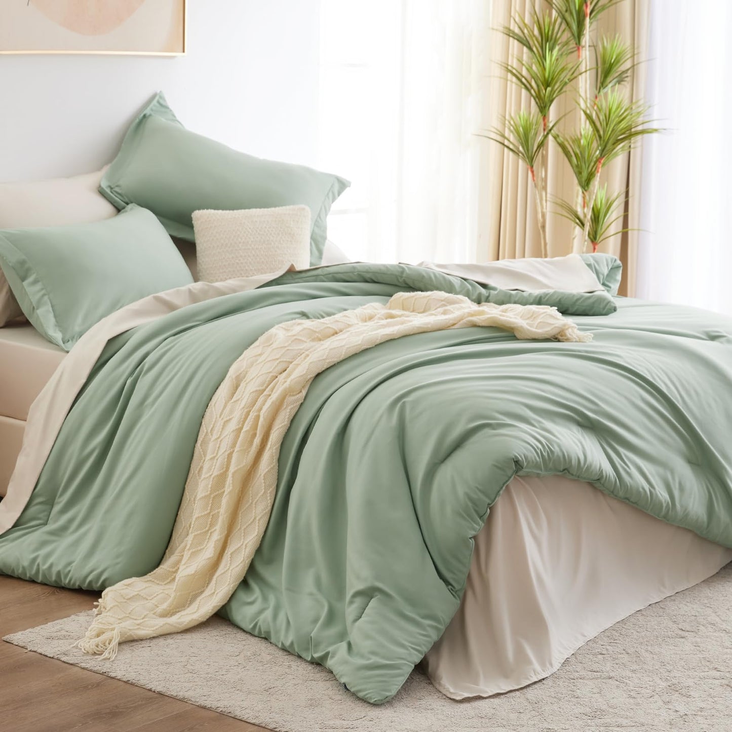 CozyLux Sage Green Comforter Set Queen 7 Pieces Queen Bedding Set Contrasting Design with Comforter, Flat Sheets, Fitted Sheet, Pillowcases & Shams, Boho Bed in a Bag Queen for All Season1