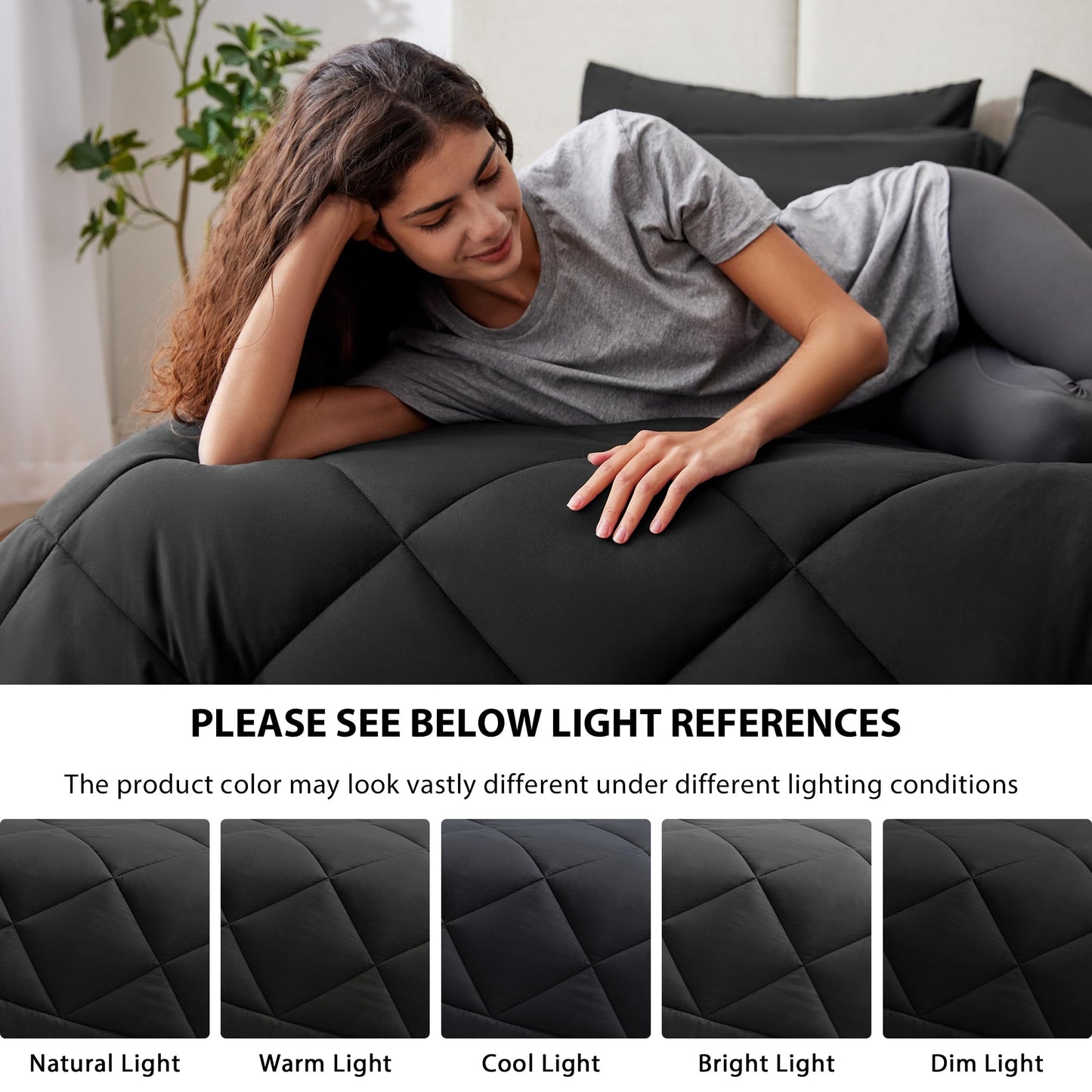 Love's cabin King Size Comforter Set Black, 7 Pieces King Bed in a Bag, All Season Bedding Sets with 1 Comforter, 1 Flat Sheet, 1 Fitted Sheet, 2 Pillowcase and 2 Pillow Sham1