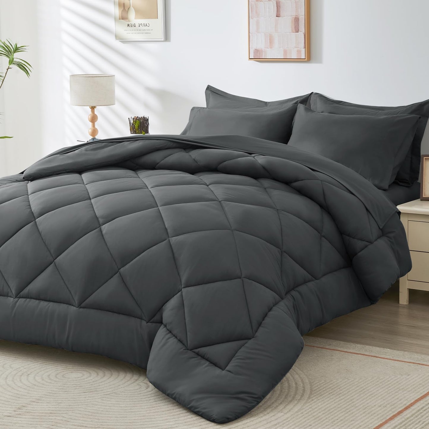 HEVUMYI 7 Pieces Queen Comforter Set, All Season Reversible Bed in a Bag Queen, Ultra Soft Queen Bedding Set with Grey Comforter, Flat Sheet, Fitted Sheet, Pillowcases, Pillow Shams, Dark Grey1