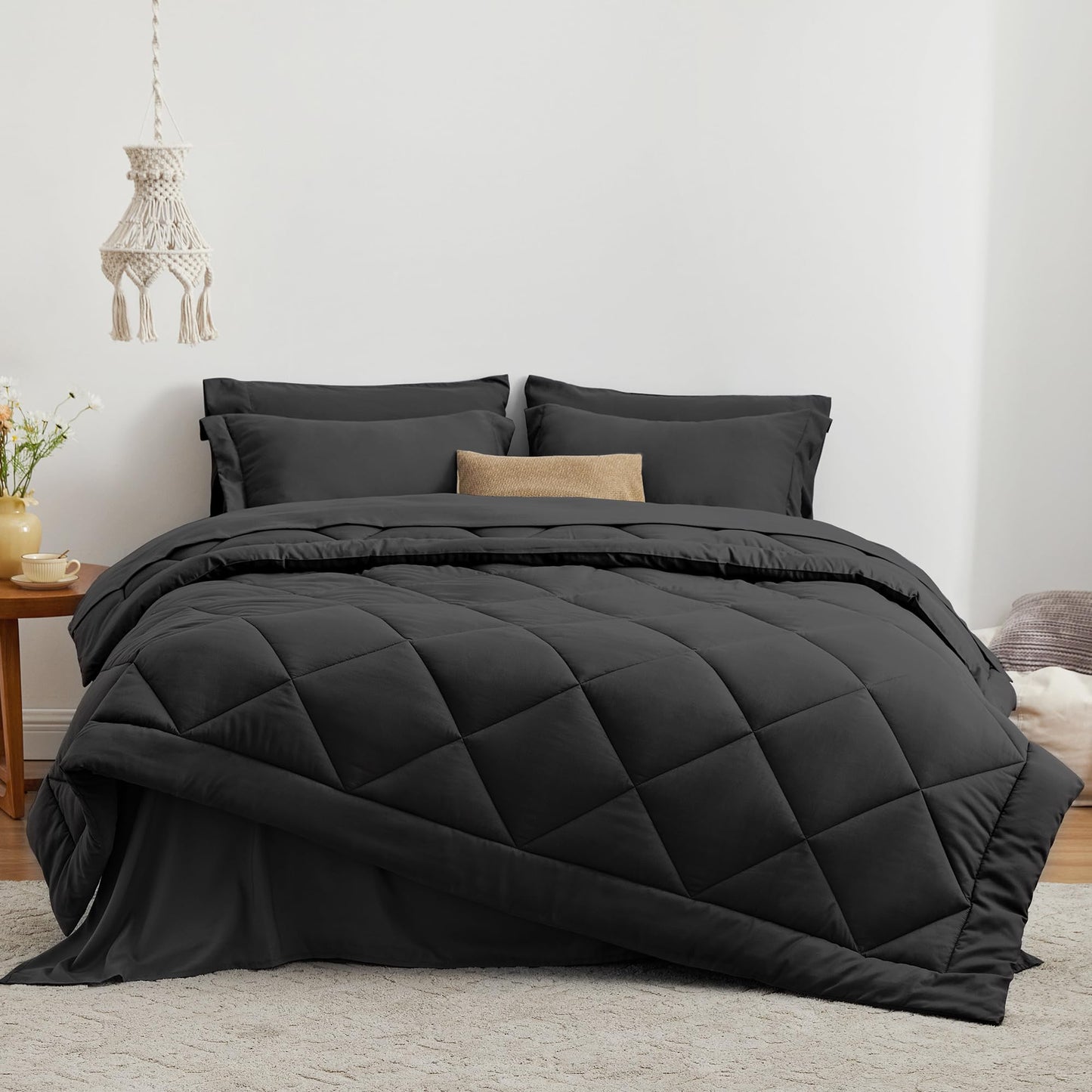 Love's cabin King Size Comforter Set Black, 7 Pieces King Bed in a Bag, All Season Bedding Sets with 1 Comforter, 1 Flat Sheet, 1 Fitted Sheet, 2 Pillowcase and 2 Pillow Sham1