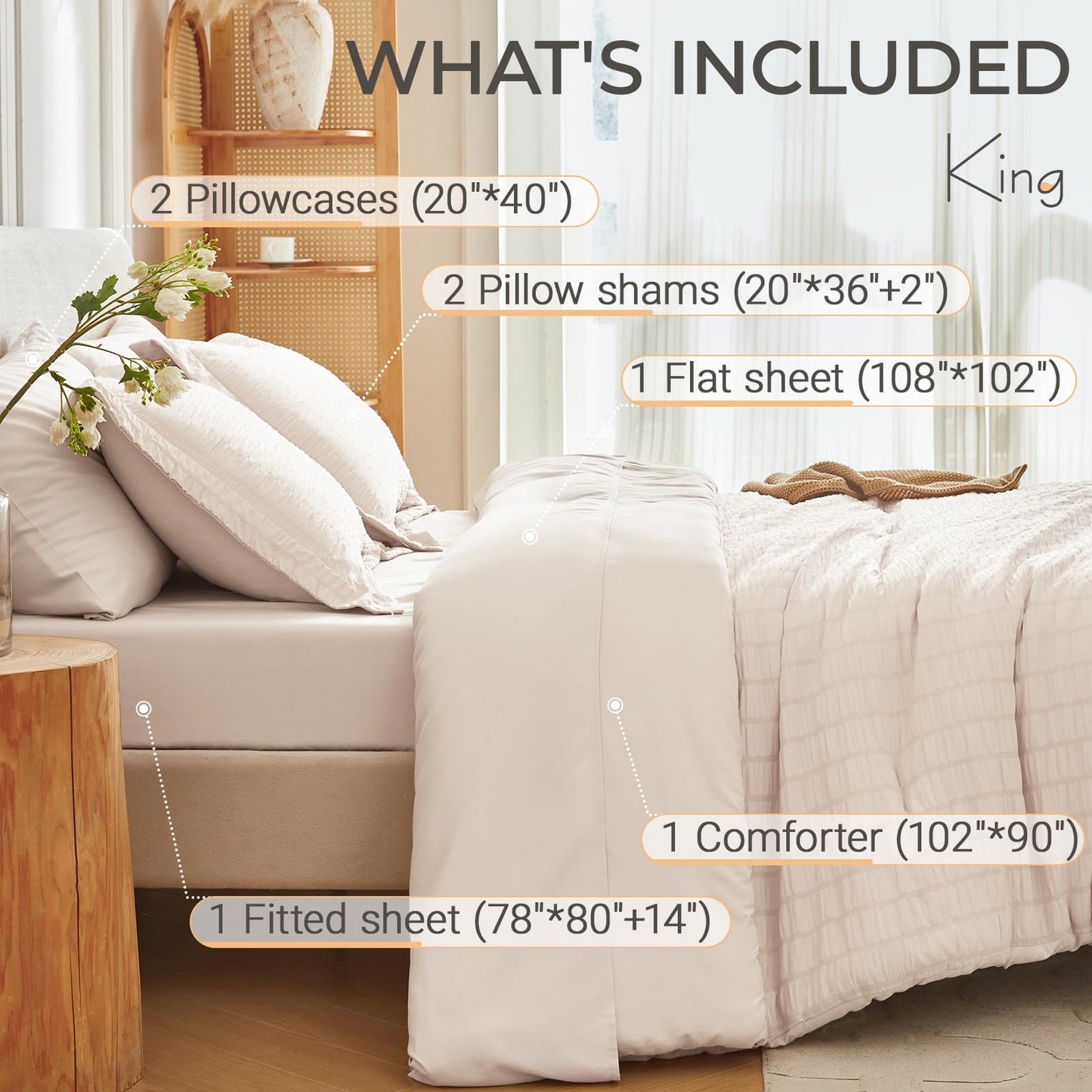 MUXHOMO 7 Pieces King Comforter Set, Seersucker Bed in a Bag King Size, All Season Luxury Bedding Set with Comforter, Flat Sheet, Fitted Sheet, Pillowcases & Shams, Beige1