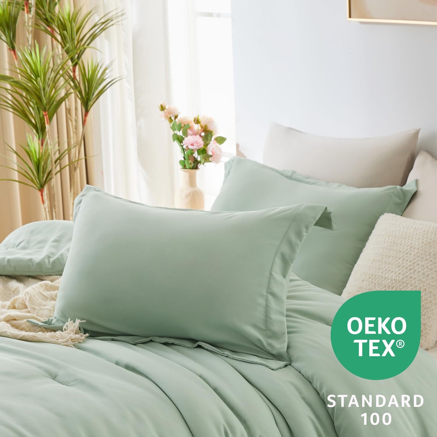 CozyLux Sage Green Comforter Set Queen 7 Pieces Queen Bedding Set Contrasting Design with Comforter, Flat Sheets, Fitted Sheet, Pillowcases & Shams, Boho Bed in a Bag Queen for All Season1