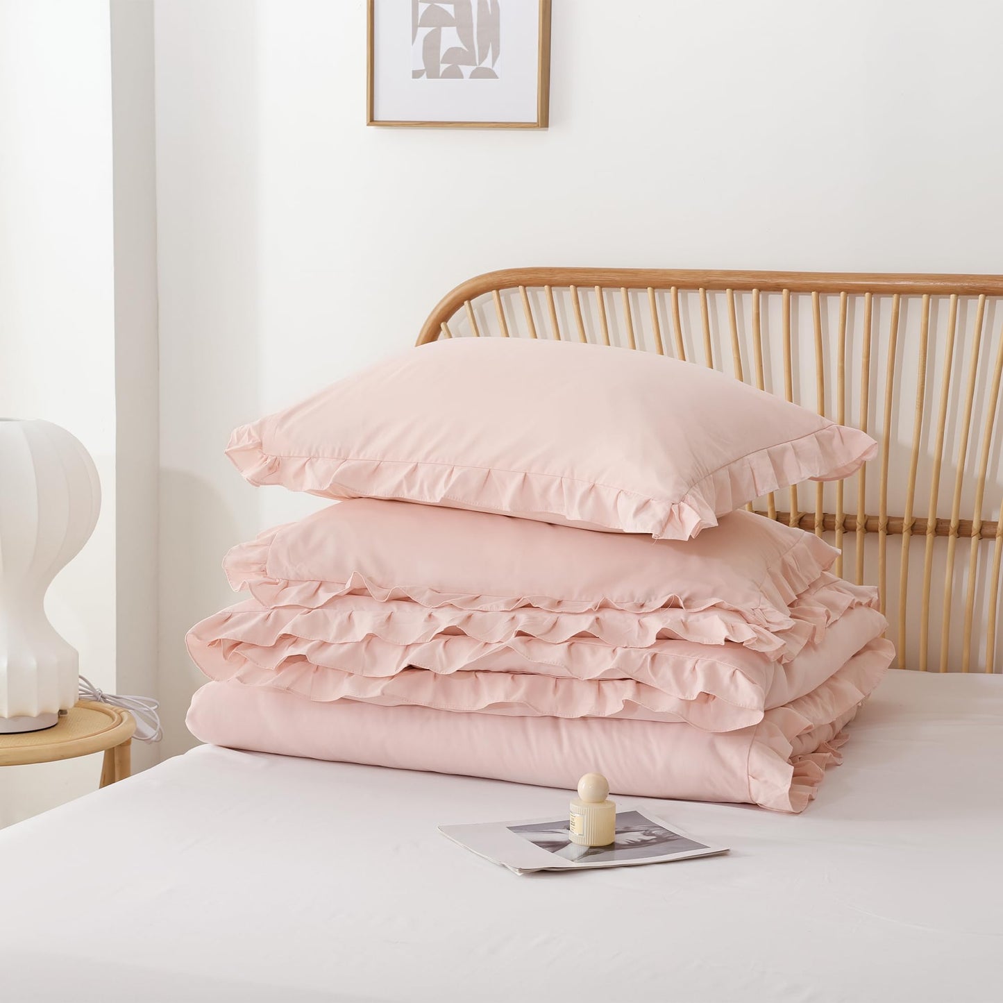 JANZAA Pink Comforter Set Queen 3PCS（1 Ruffled Blush Comforter Set and 2 Pillowcases） Vintage Shabby Chic Bedding Soft Fluffy Comforter Set All Season1