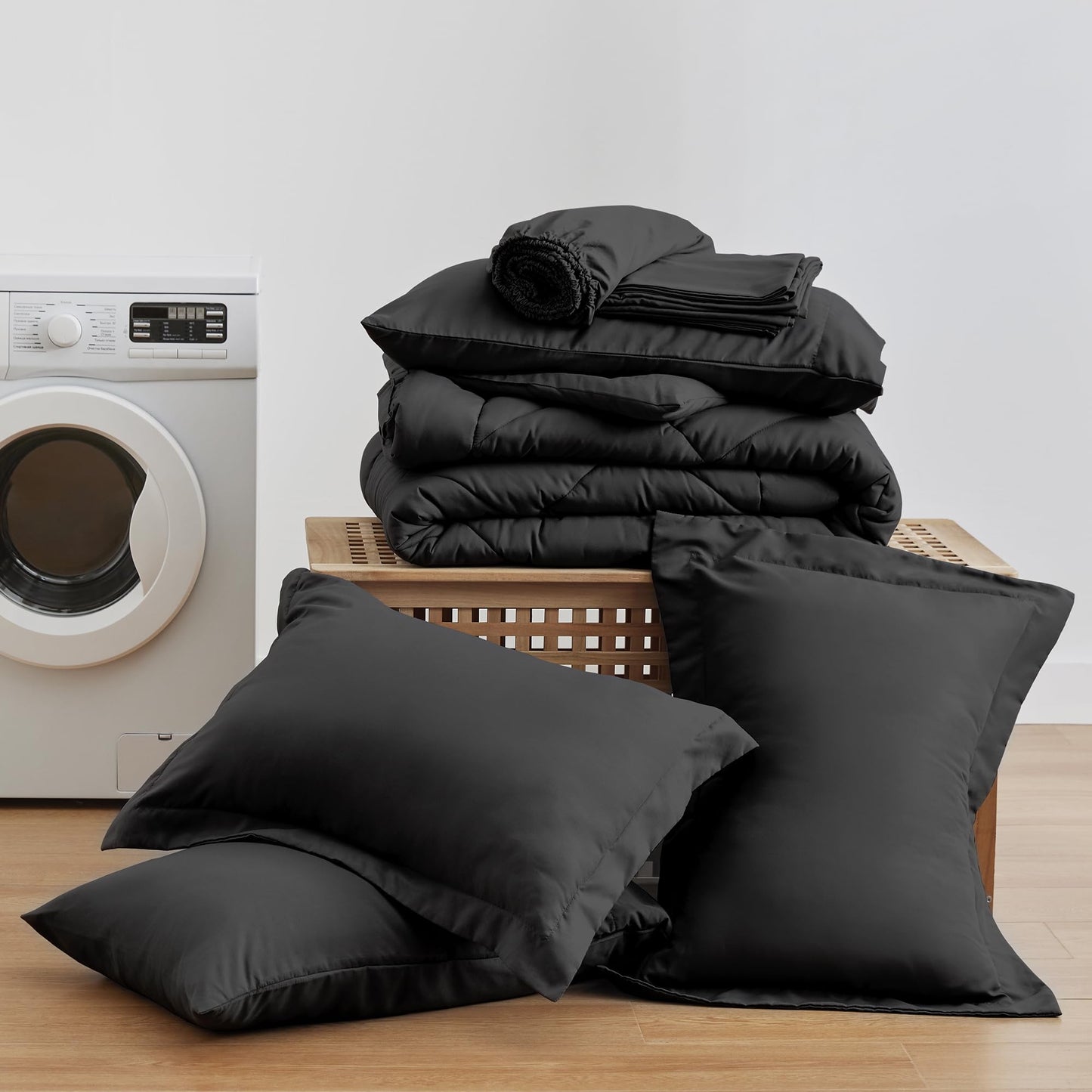 Love's cabin King Size Comforter Set Black, 7 Pieces King Bed in a Bag, All Season Bedding Sets with 1 Comforter, 1 Flat Sheet, 1 Fitted Sheet, 2 Pillowcase and 2 Pillow Sham1