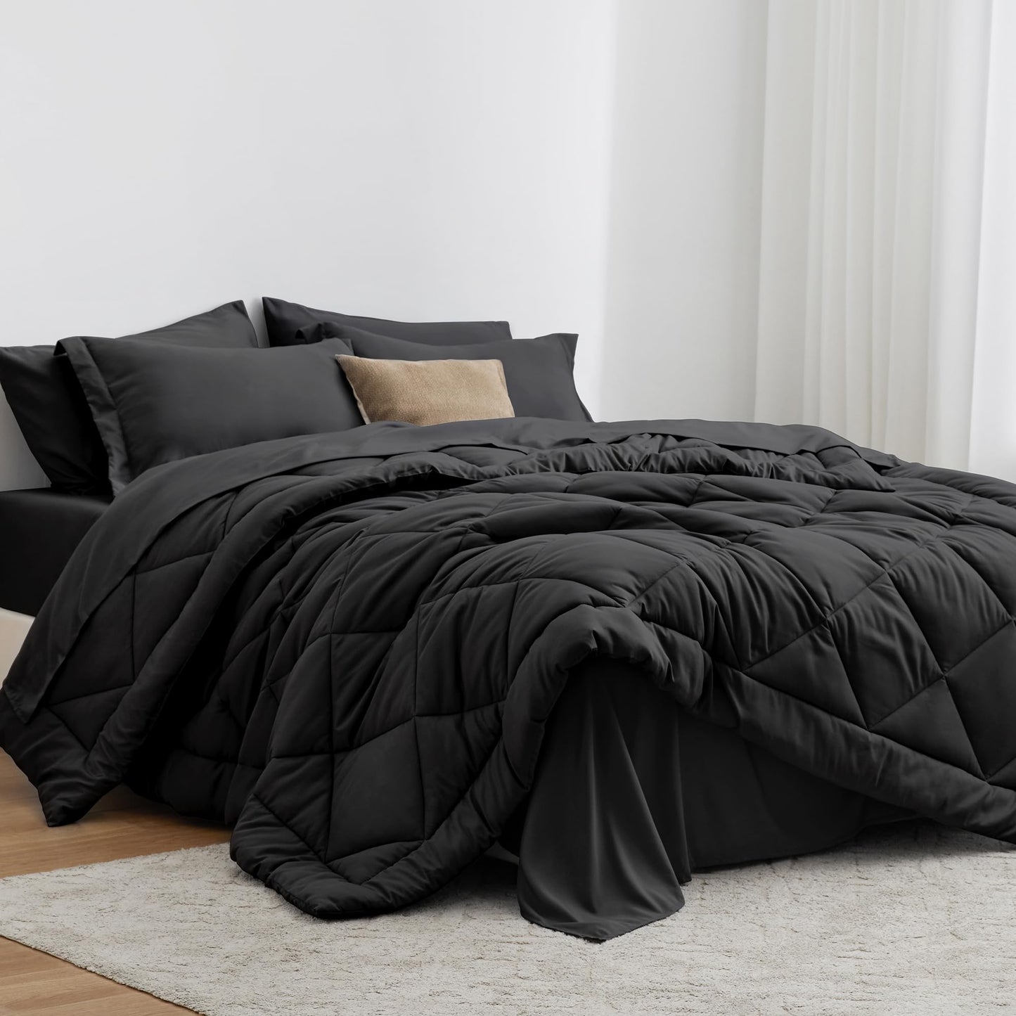 Love's cabin King Size Comforter Set Black, 7 Pieces King Bed in a Bag, All Season Bedding Sets with 1 Comforter, 1 Flat Sheet, 1 Fitted Sheet, 2 Pillowcase and 2 Pillow Sham1