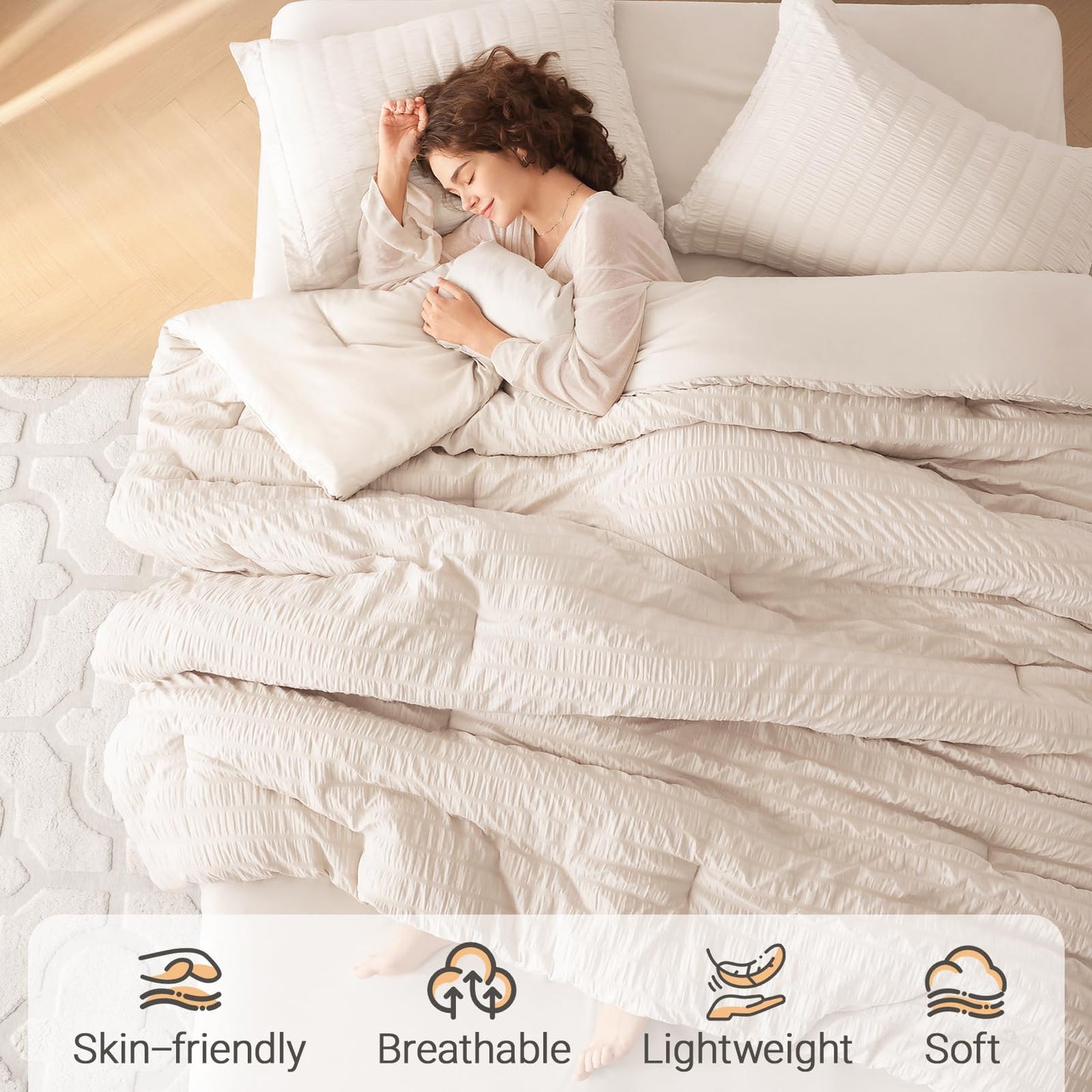 MUXHOMO 7 Pieces King Comforter Set, Seersucker Bed in a Bag King Size, All Season Luxury Bedding Set with Comforter, Flat Sheet, Fitted Sheet, Pillowcases & Shams, Beige1