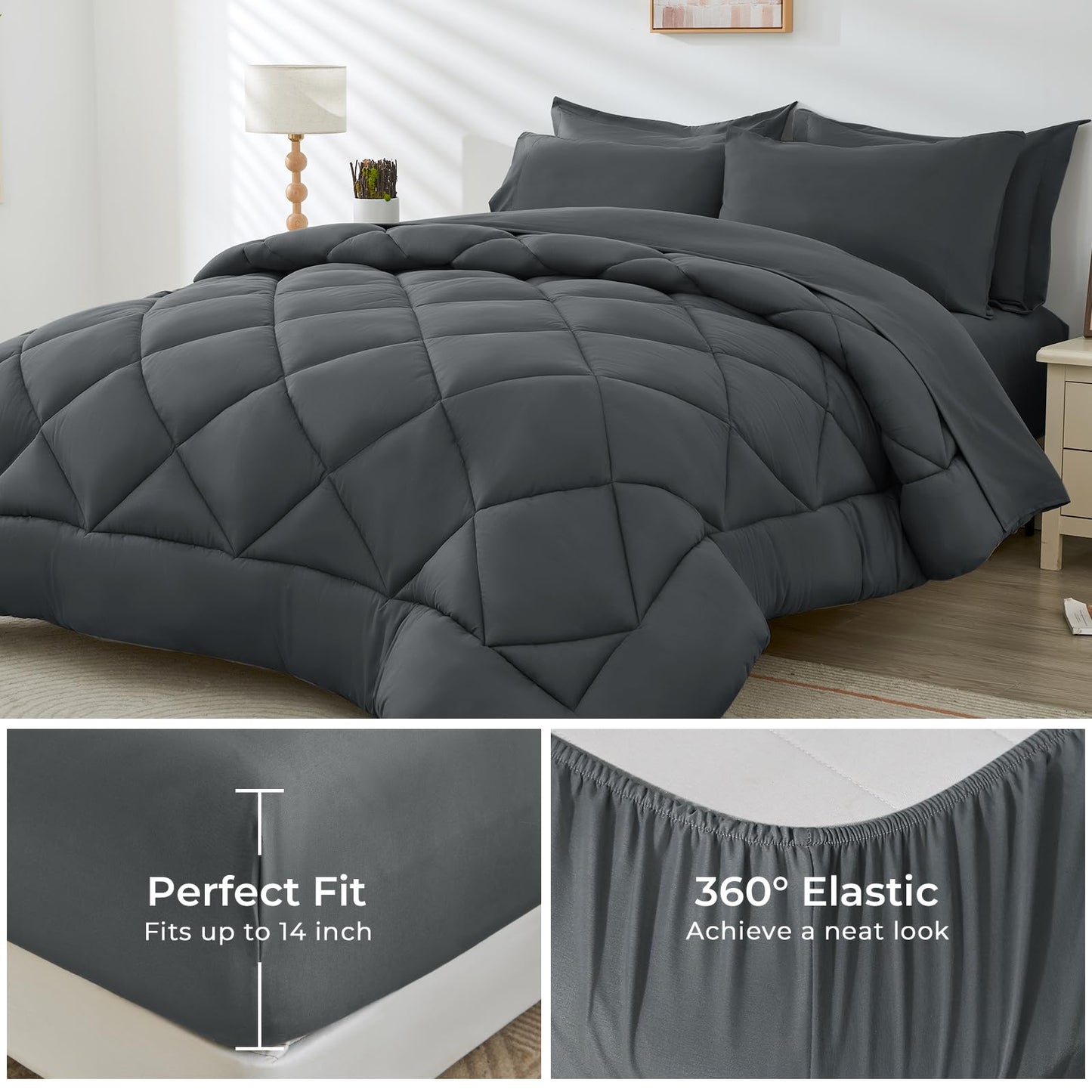 HEVUMYI 7 Pieces Queen Comforter Set, All Season Reversible Bed in a Bag Queen, Ultra Soft Queen Bedding Set with Grey Comforter, Flat Sheet, Fitted Sheet, Pillowcases, Pillow Shams, Dark Grey1