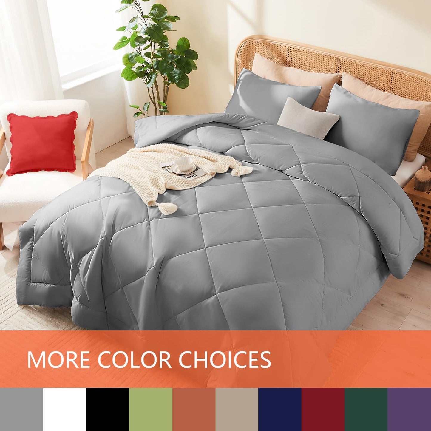 YOOHU Full Comforter Set Grey, 3 Pieces Lightweight All Season Solid Bedding Comforters Sets, Down Alternative Comforter Bed Set Quilt Blanket, (86x82In Comforter & 2 Pillowcases),Gray1