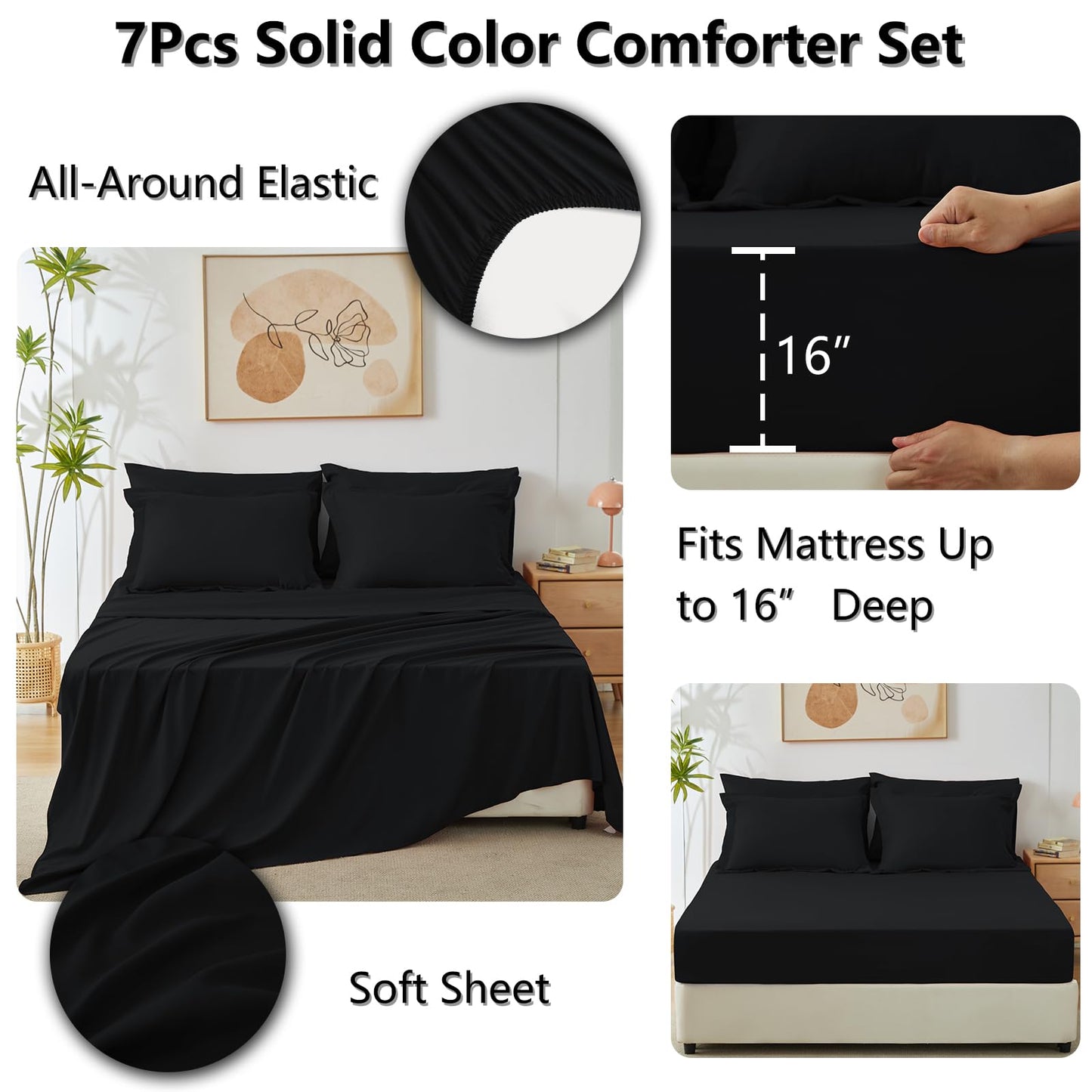 CozyLux Queen Comforter Set Black, 7 Pieces Bed in a Bag Soft Bedding Comforter Set with Sheets, All Season Boho 7PC Bed Sets with Comforter, Fitted Sheets, Flat Sheets, Pillow Shams and Pillowcases