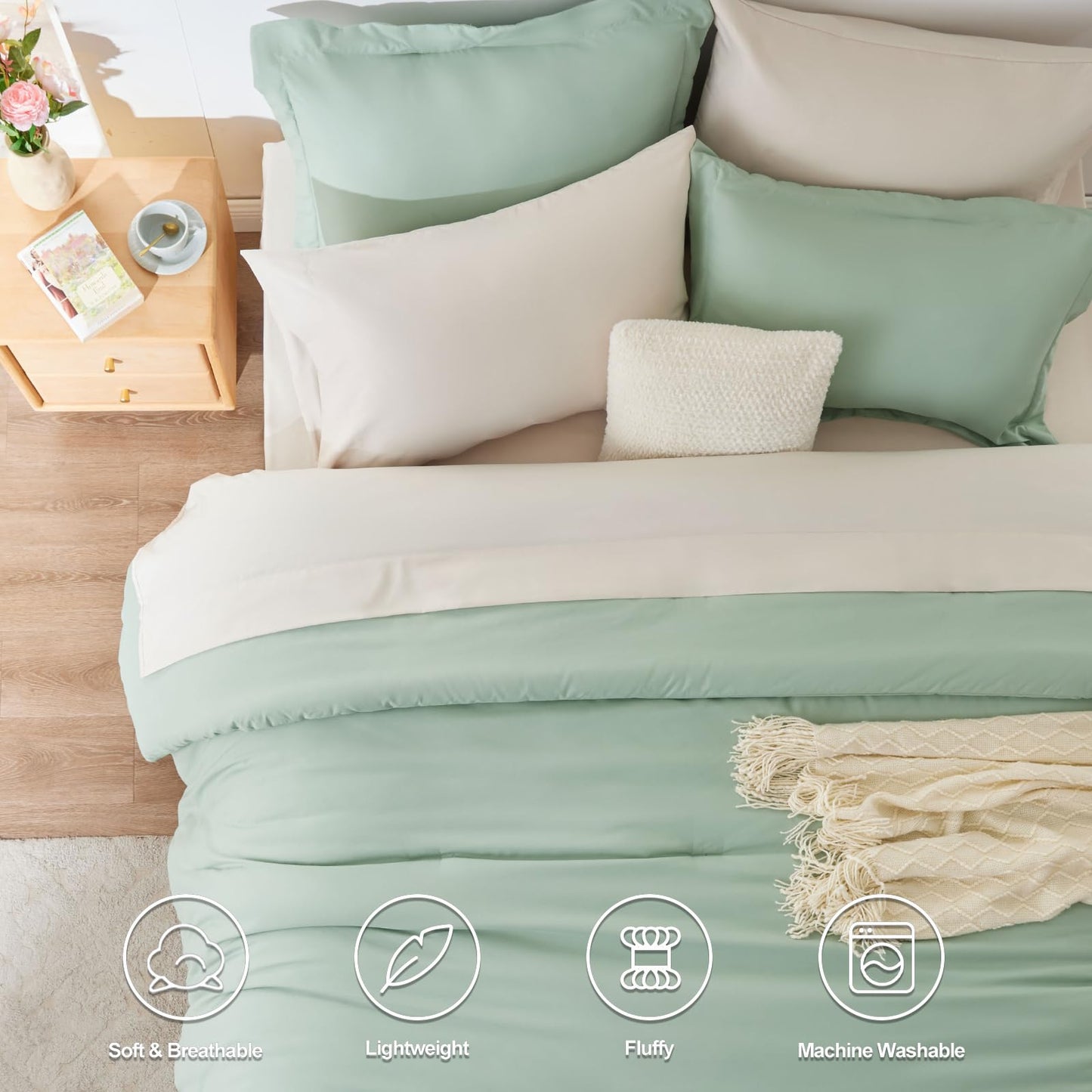 CozyLux Sage Green Comforter Set Queen 7 Pieces Queen Bedding Set Contrasting Design with Comforter, Flat Sheets, Fitted Sheet, Pillowcases & Shams, Boho Bed in a Bag Queen for All Season1