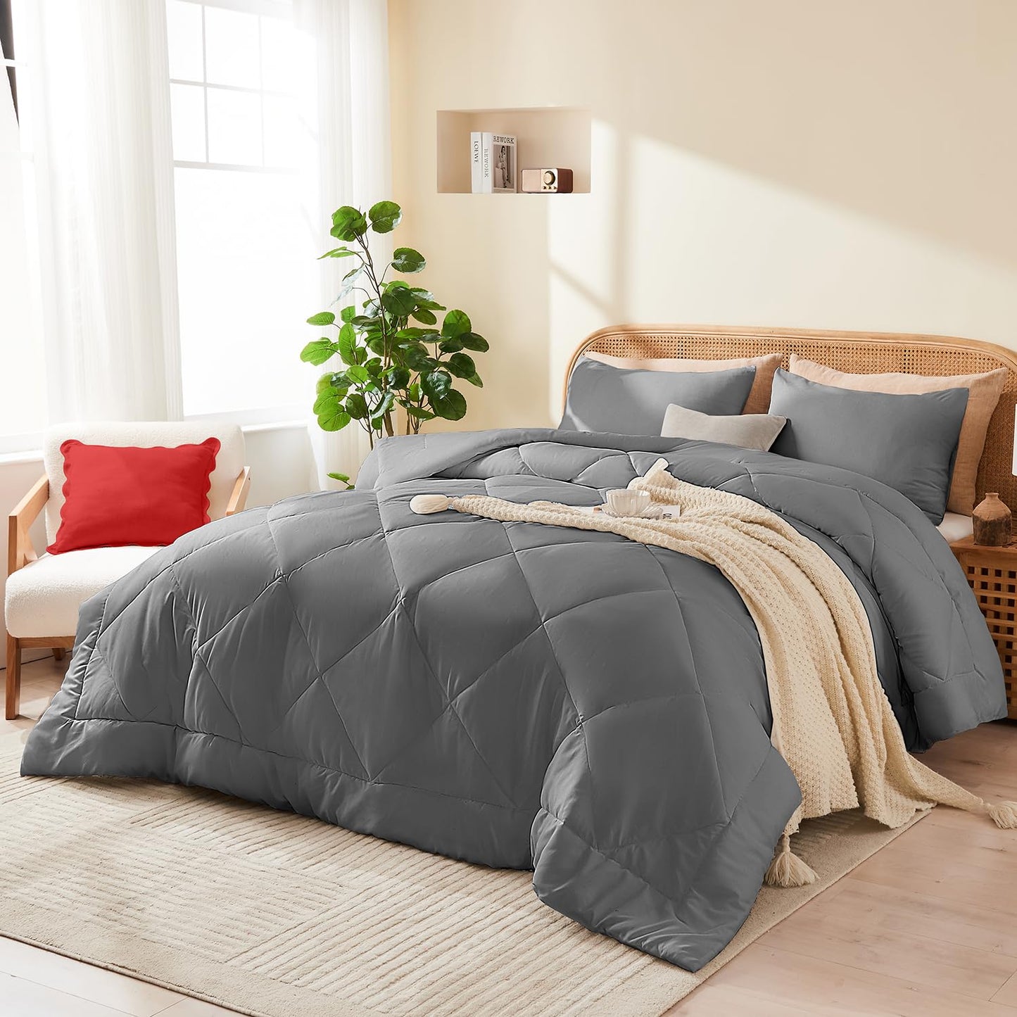 YOOHU Full Comforter Set Grey, 3 Pieces Lightweight All Season Solid Bedding Comforters Sets, Down Alternative Comforter Bed Set Quilt Blanket, (86x82In Comforter & 2 Pillowcases),Gray1