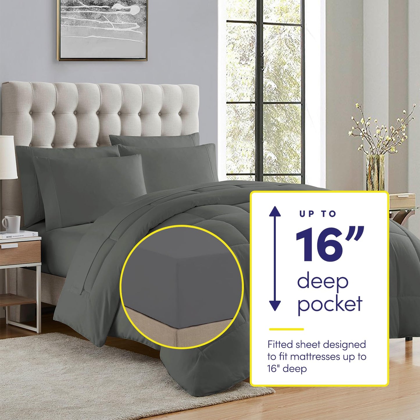 Sweet Home Collection 5 Piece Comforter Set Bag Solid Color All Season Soft Down Alternative Blanket & Luxurious Microfiber Bed Sheets, Gray, Twin1