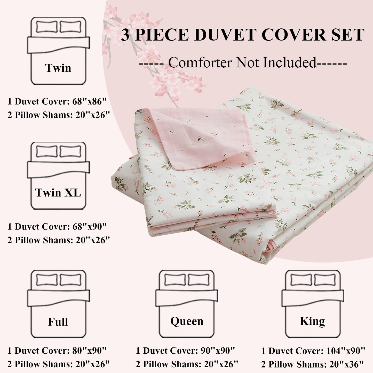 LifeTB Cotton Floral Duvet Cover Queen Girl Pink Flower Bedding Sets Garden Style Cotton Floral Comforter Cover Pink White Floral Bedding Sets Flower Branches Pattern Duvet Cover with Zipper Closure