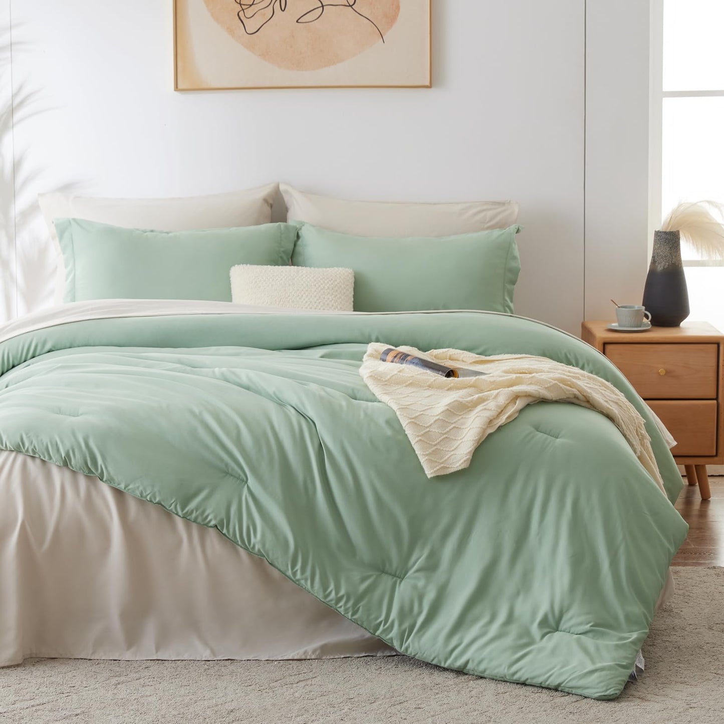 CozyLux Sage Green Comforter Set Queen 7 Pieces Queen Bedding Set Contrasting Design with Comforter, Flat Sheets, Fitted Sheet, Pillowcases & Shams, Boho Bed in a Bag Queen for All Season1