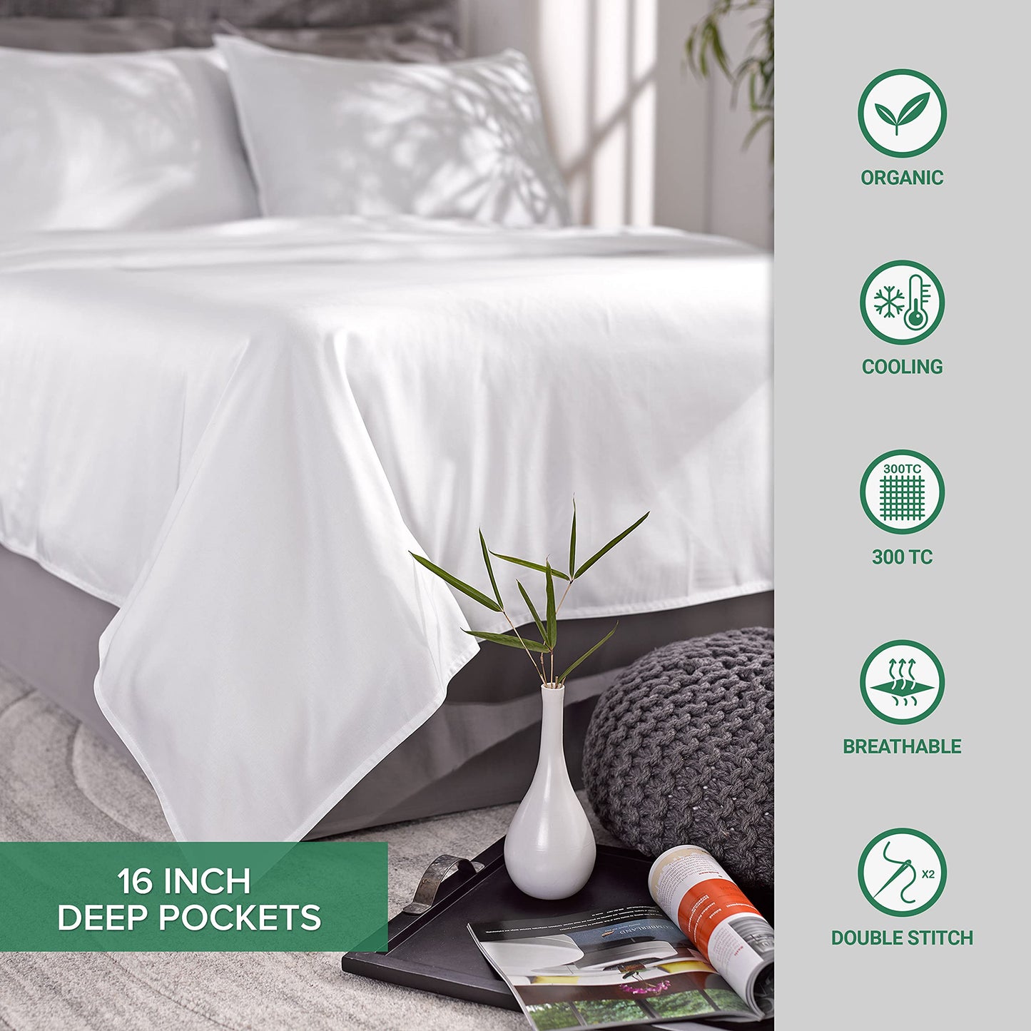 King Sheets by Pure Bamboo, Genuine 100% Organic Viscose Derived from Bamboo Bed Sheet Set, Luxuriously Soft & Cooling, Double Stitching, Lifetime Quality Promise (King, White)1