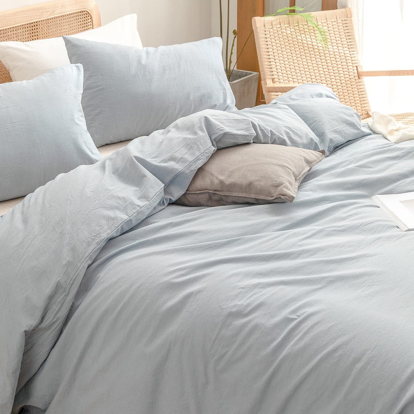 BESTOUCH Duvet Cover Set 100% Washed Cotton Linen Feel Super Soft Comfortable Chic Lightweight 3 PCs Home Bedding Set Cornflower Blue Queen1