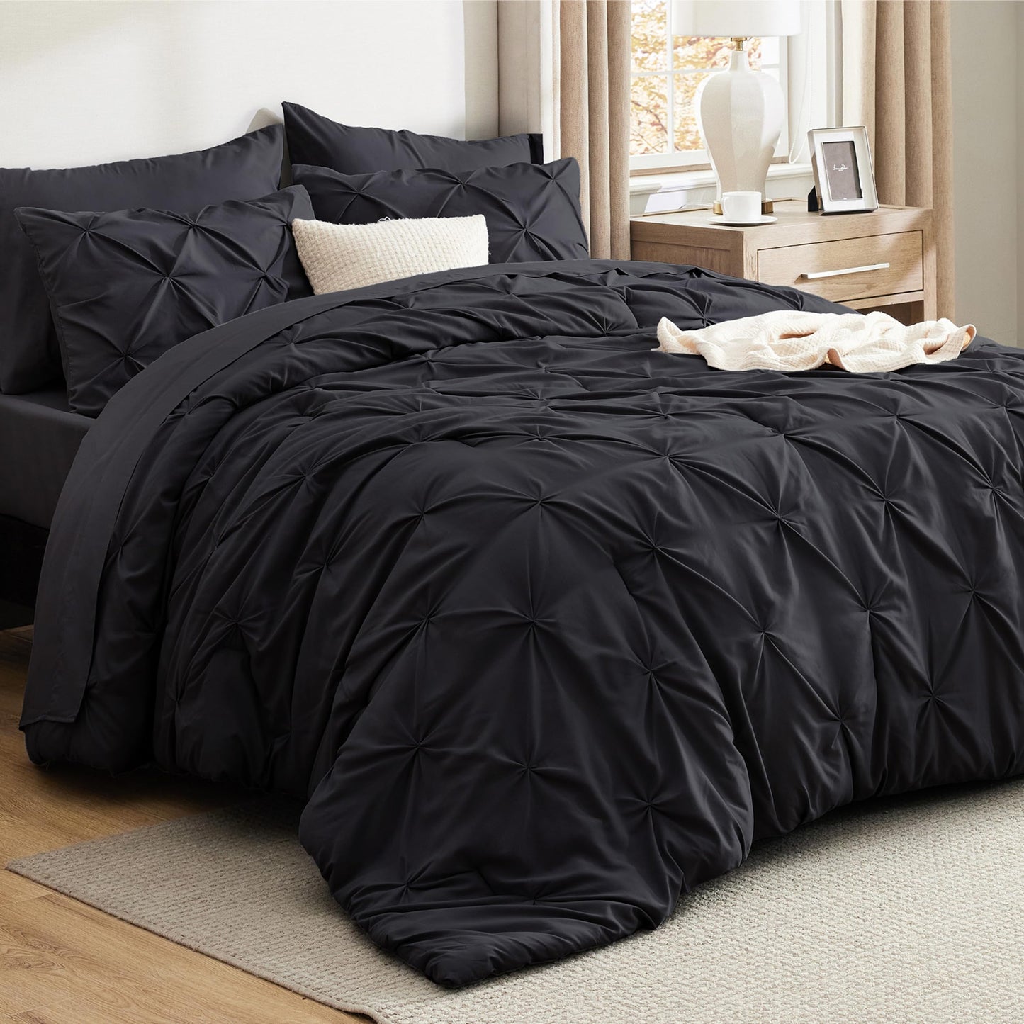 Bedsure Queen Comforter Set Black - Bed in a Bag Queen Size 7 Pieces, GentleSoft™ Pintuck Bed Set Gift for Family, Pinch Pleat Black Comforter with Sheets, Pillowcases & Shams