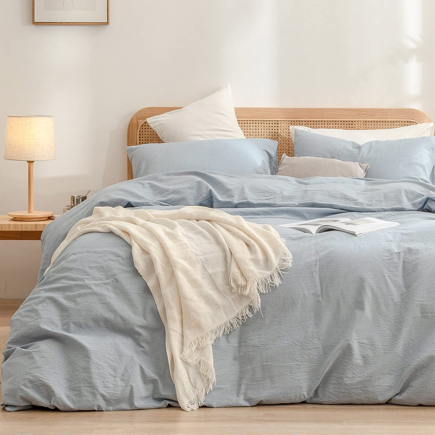 BESTOUCH Duvet Cover Set 100% Washed Cotton Linen Feel Super Soft Comfortable Chic Lightweight 3 PCs Home Bedding Set Cornflower Blue Queen1
