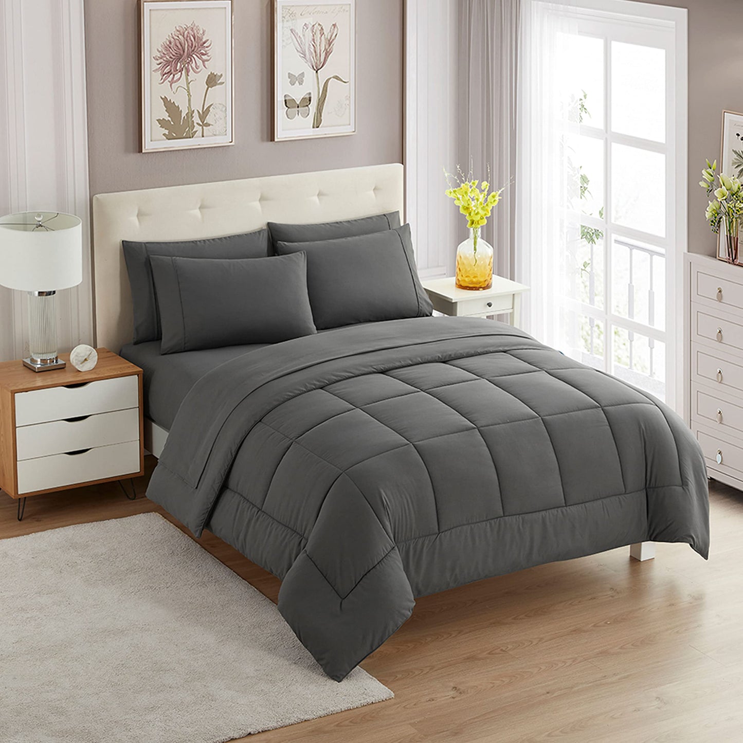 Sweet Home Collection 5 Piece Comforter Set Bag Solid Color All Season Soft Down Alternative Blanket & Luxurious Microfiber Bed Sheets, Gray, Twin1