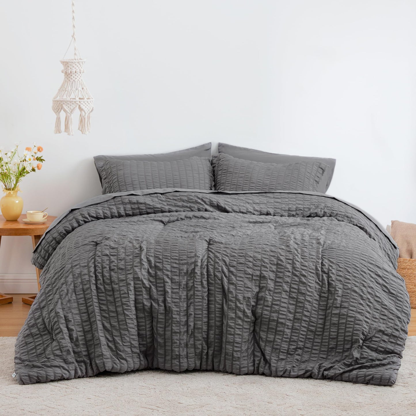 Love's cabin Seersucker Dark Grey Queen Comforter Set 7 Pieces, All Season Bedding Set, Queen Bed in a Bag Comforter Set with Comforter, Flat Sheet, Fitted Sheet, Pillowcase and Pillow Sham