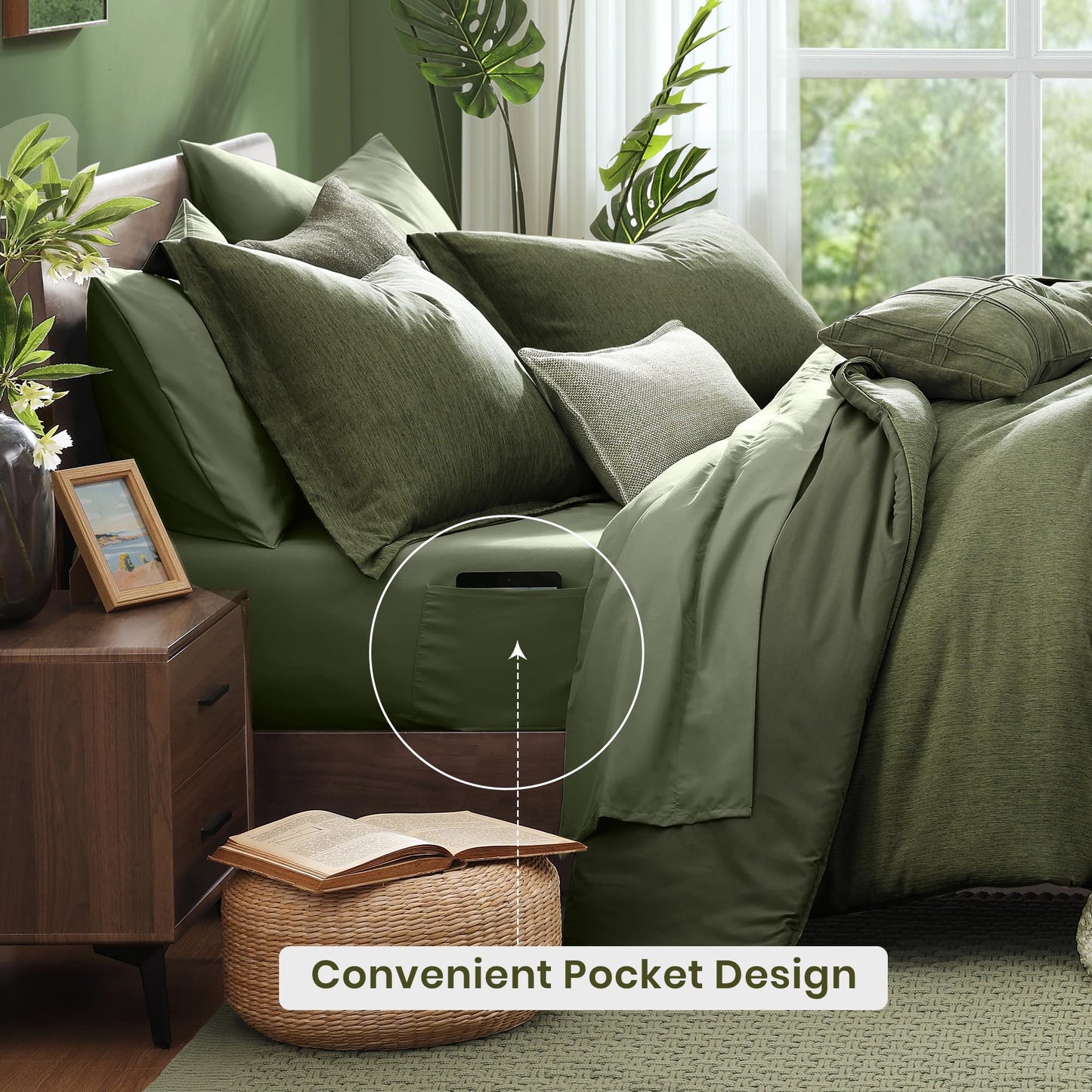Monbix Queen Comforter Set - 7 Pieces Cationic Dyeing Olive Green Bed in a Bag Queen Bedding Sets with Comforter, Sheets, Pillowcases & Shams, Reversible Bedding Comforters Sets1