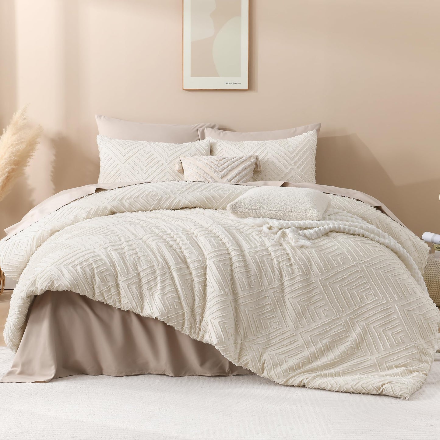 Andency King Size Comforter Set Beige, 3 Pieces Boho King Bedding Comforter Set Cream, All Season Soft Lightweight Tufted Textured Down Alternative Comforter Fluffy Bed Set