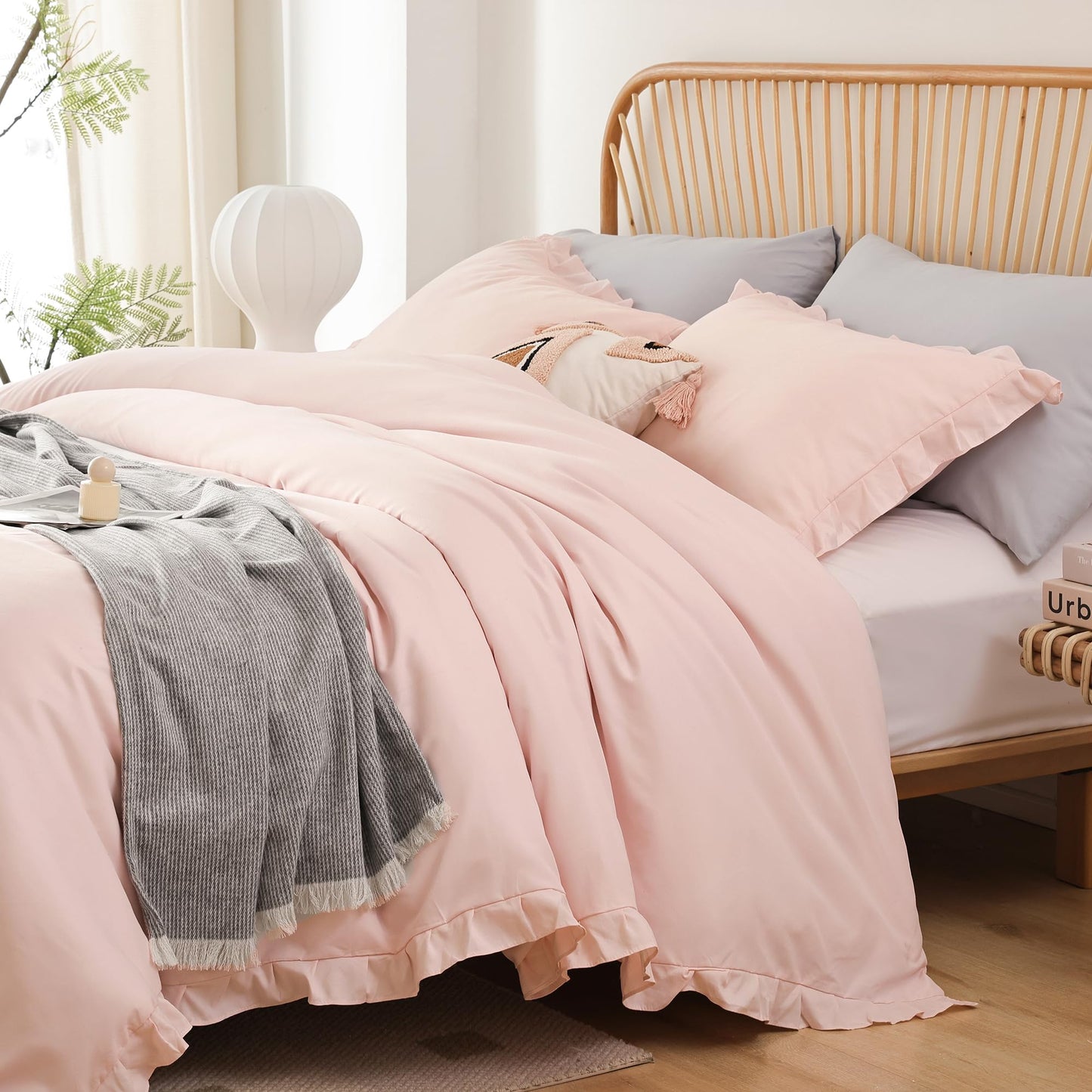 JANZAA Pink Comforter Set Queen 3PCS（1 Ruffled Blush Comforter Set and 2 Pillowcases） Vintage Shabby Chic Bedding Soft Fluffy Comforter Set All Season1