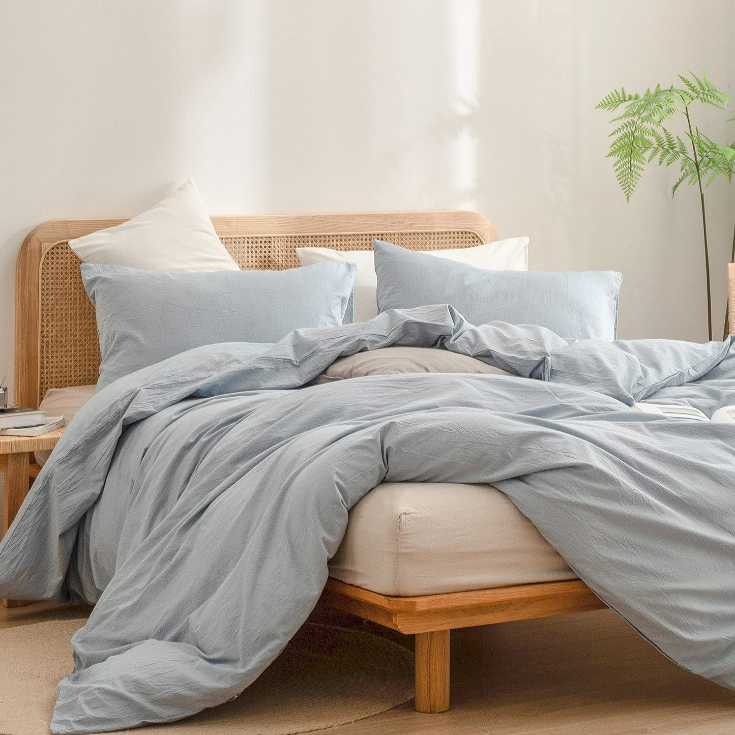 BESTOUCH Duvet Cover Set 100% Washed Cotton Linen Feel Super Soft Comfortable Chic Lightweight 3 PCs Home Bedding Set Cornflower Blue Queen1