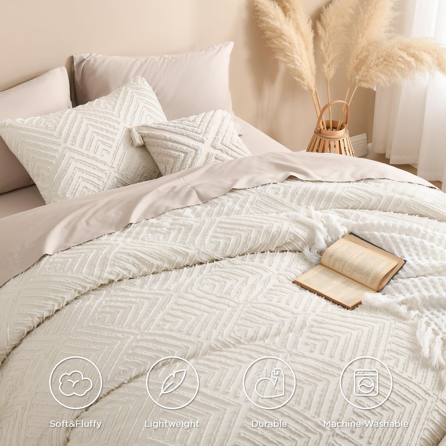 Andency King Size Comforter Set Beige, 3 Pieces Boho King Bedding Comforter Set Cream, All Season Soft Lightweight Tufted Textured Down Alternative Comforter Fluffy Bed Set