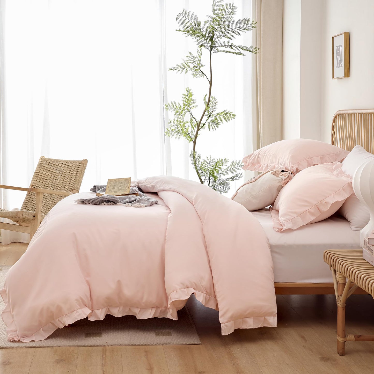 JANZAA Pink Comforter Set Queen 3PCS（1 Ruffled Blush Comforter Set and 2 Pillowcases） Vintage Shabby Chic Bedding Soft Fluffy Comforter Set All Season1