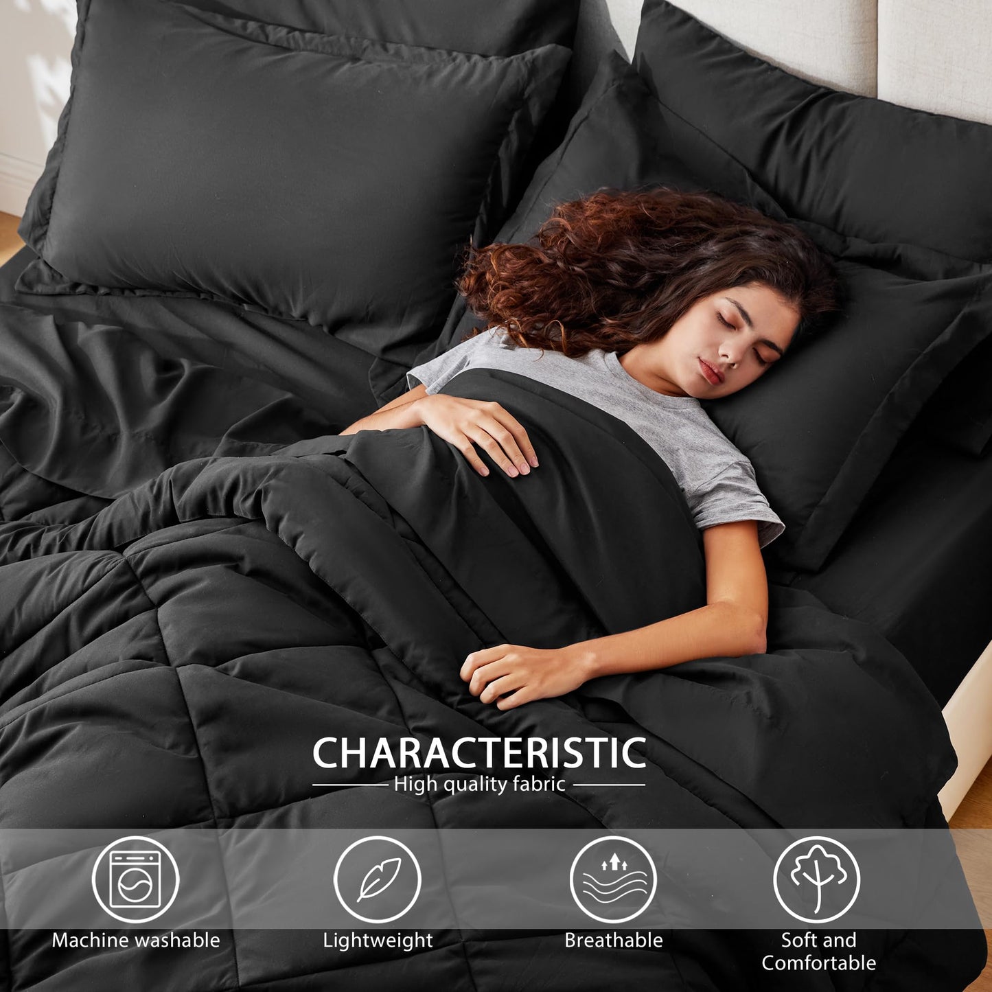 Love's cabin King Size Comforter Set Black, 7 Pieces King Bed in a Bag, All Season Bedding Sets with 1 Comforter, 1 Flat Sheet, 1 Fitted Sheet, 2 Pillowcase and 2 Pillow Sham1
