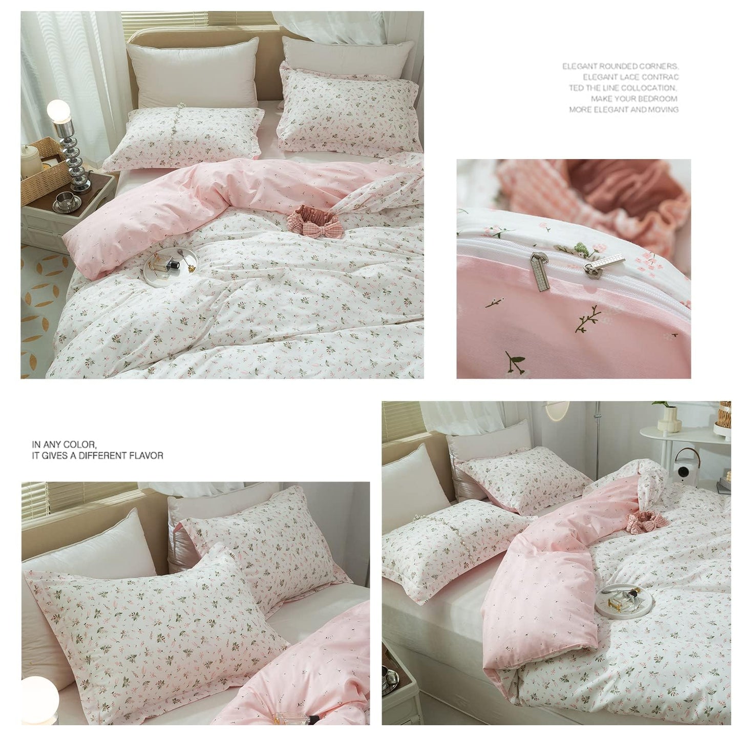 LifeTB Cotton Floral Duvet Cover Queen Girl Pink Flower Bedding Sets Garden Style Cotton Floral Comforter Cover Pink White Floral Bedding Sets Flower Branches Pattern Duvet Cover with Zipper Closure