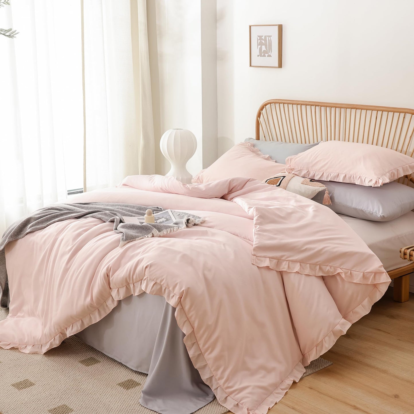 JANZAA Pink Comforter Set Queen 3PCS（1 Ruffled Blush Comforter Set and 2 Pillowcases） Vintage Shabby Chic Bedding Soft Fluffy Comforter Set All Season1