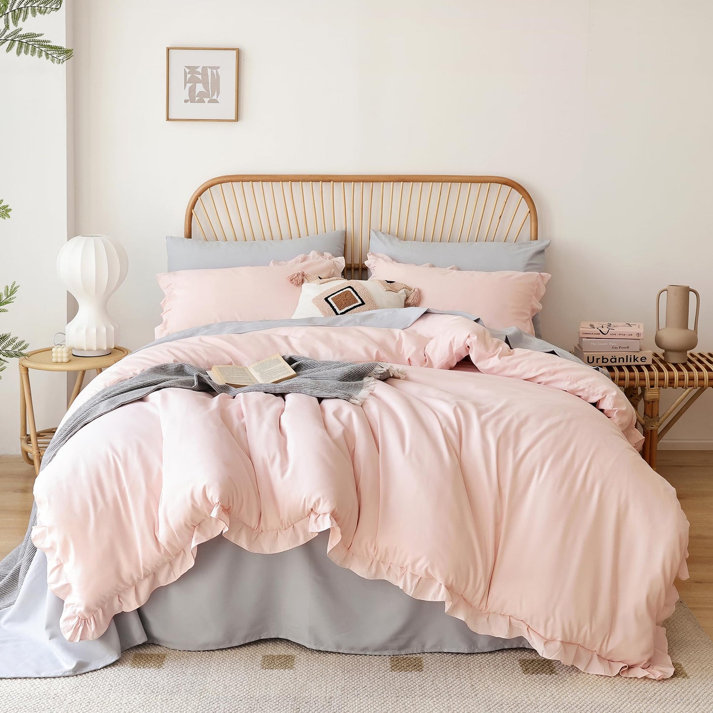 JANZAA Pink Comforter Set Queen 3PCS（1 Ruffled Blush Comforter Set and 2 Pillowcases） Vintage Shabby Chic Bedding Soft Fluffy Comforter Set All Season1