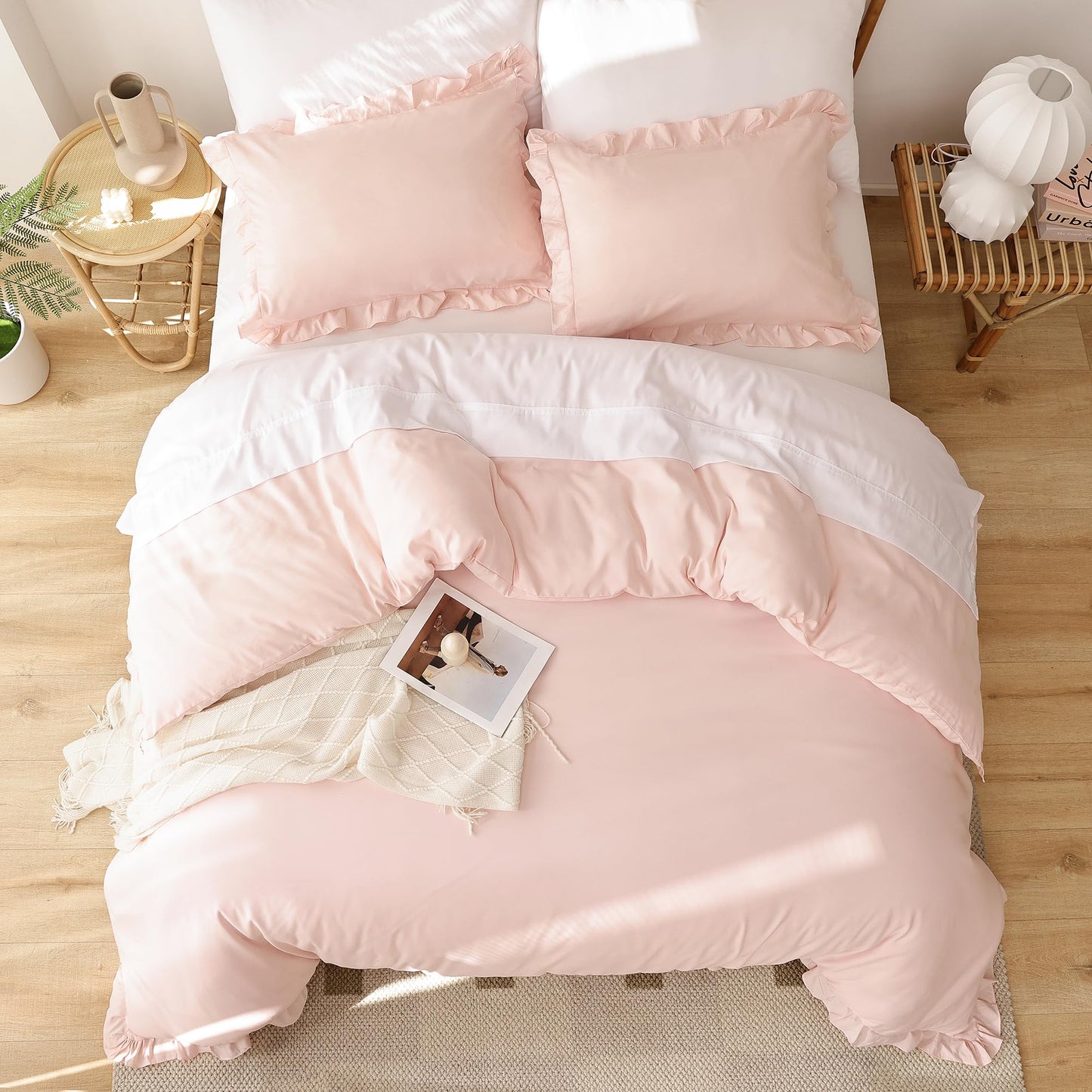 JANZAA Pink Comforter Set Queen 3PCS（1 Ruffled Blush Comforter Set and 2 Pillowcases） Vintage Shabby Chic Bedding Soft Fluffy Comforter Set All Season1