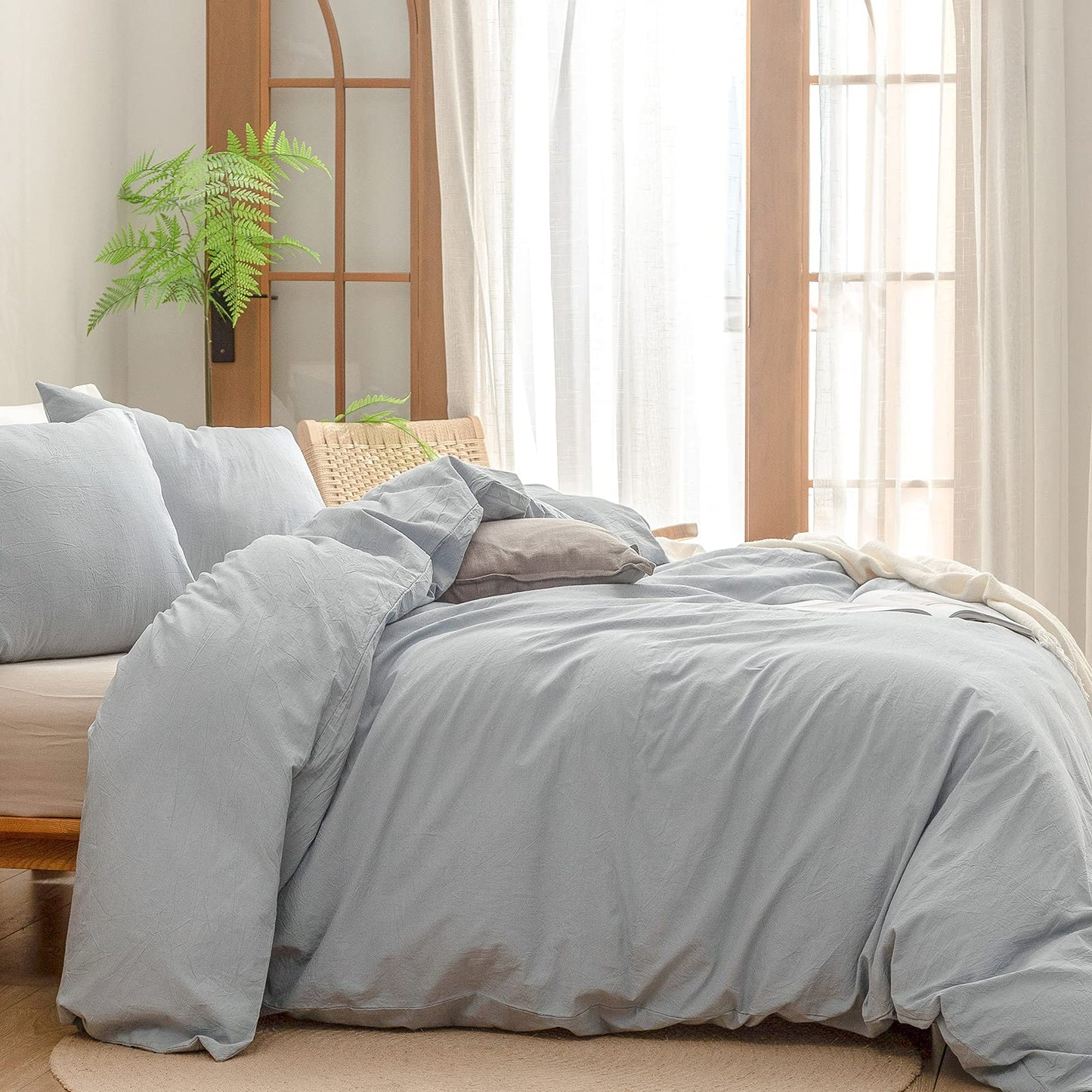 BESTOUCH Duvet Cover Set 100% Washed Cotton Linen Feel Super Soft Comfortable Chic Lightweight 3 PCs Home Bedding Set Cornflower Blue Queen1