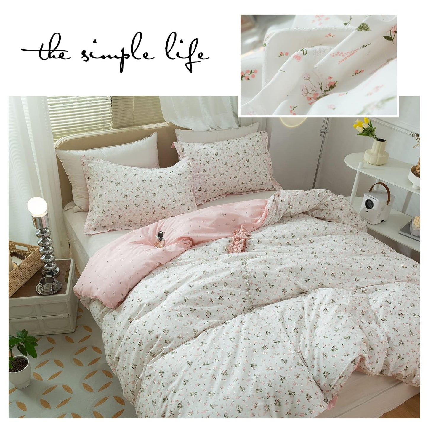 LifeTB Cotton Floral Duvet Cover Queen Girl Pink Flower Bedding Sets Garden Style Cotton Floral Comforter Cover Pink White Floral Bedding Sets Flower Branches Pattern Duvet Cover with Zipper Closure